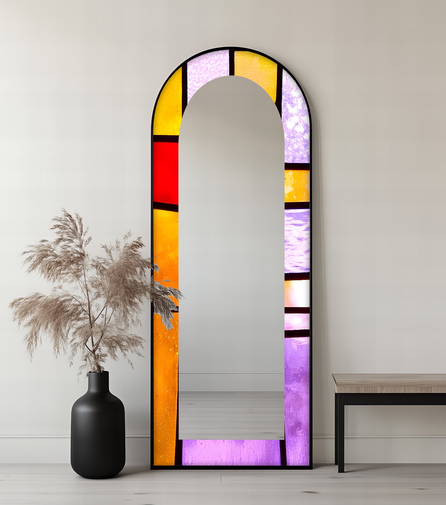 Aurora Mosaic Stained Floor Mirror - Full Length Standing Mirror with Decorative Glass Tiles for Bedroom, Living Room & Entryway Decor