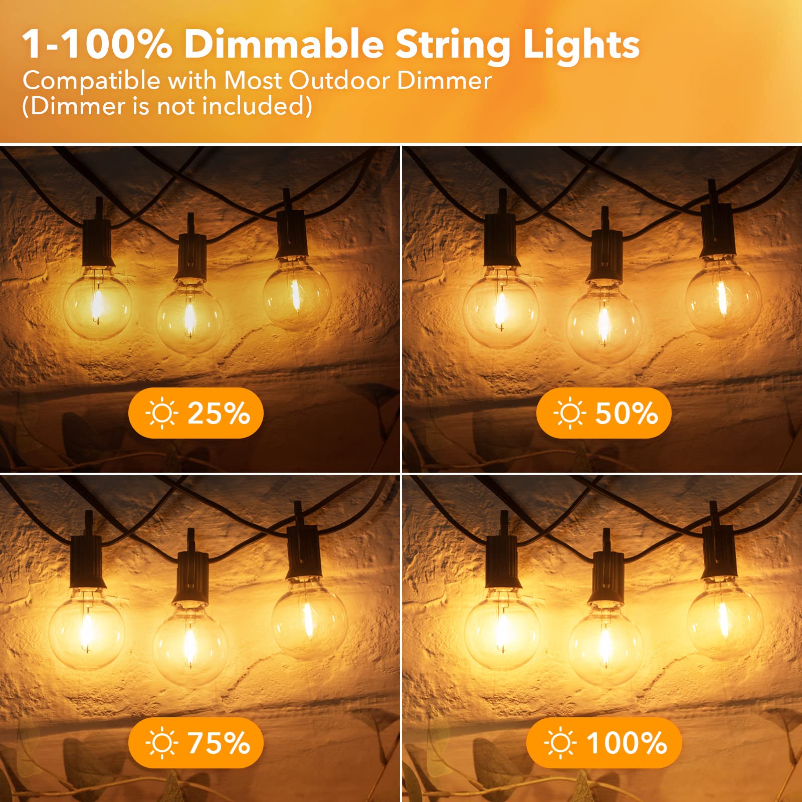 100FT LED Outdoor String Lights - 104 Shatterproof Weatherproof Bulbs, E12 Socket, 2200K Warm White - Perfect for Backyard, Patio, Pergola, Bistro & Party Decorations - Commercial Grade Hanging Lights for Outdoor Events & Festivals
