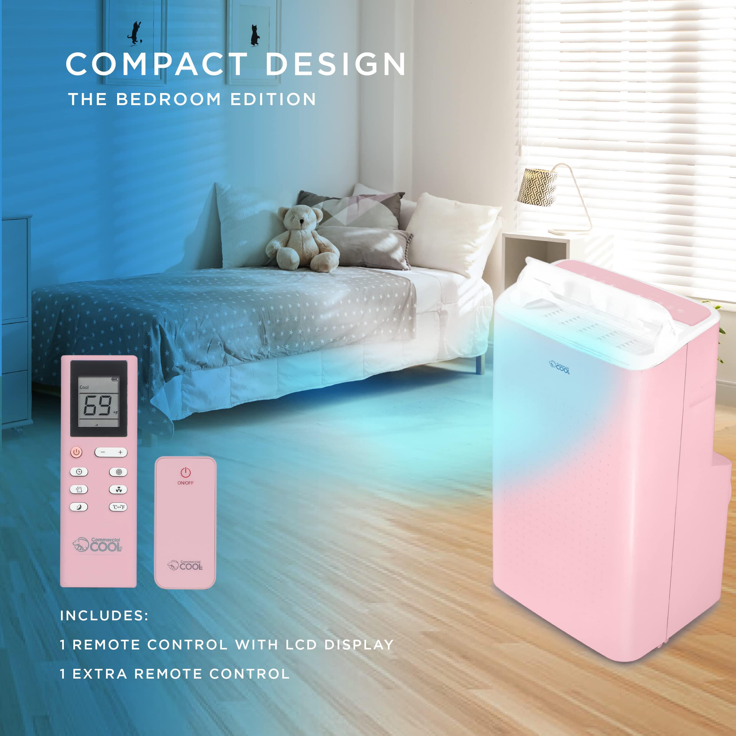 COMMERCIAL COOL 9,000 BTU Portable Air Conditioner with Dehumidifier & Fan - Cools Up to 400 Sq. Ft, Wi-Fi Enabled, Pink - Perfect for Bedrooms, Offices & Small Apartments