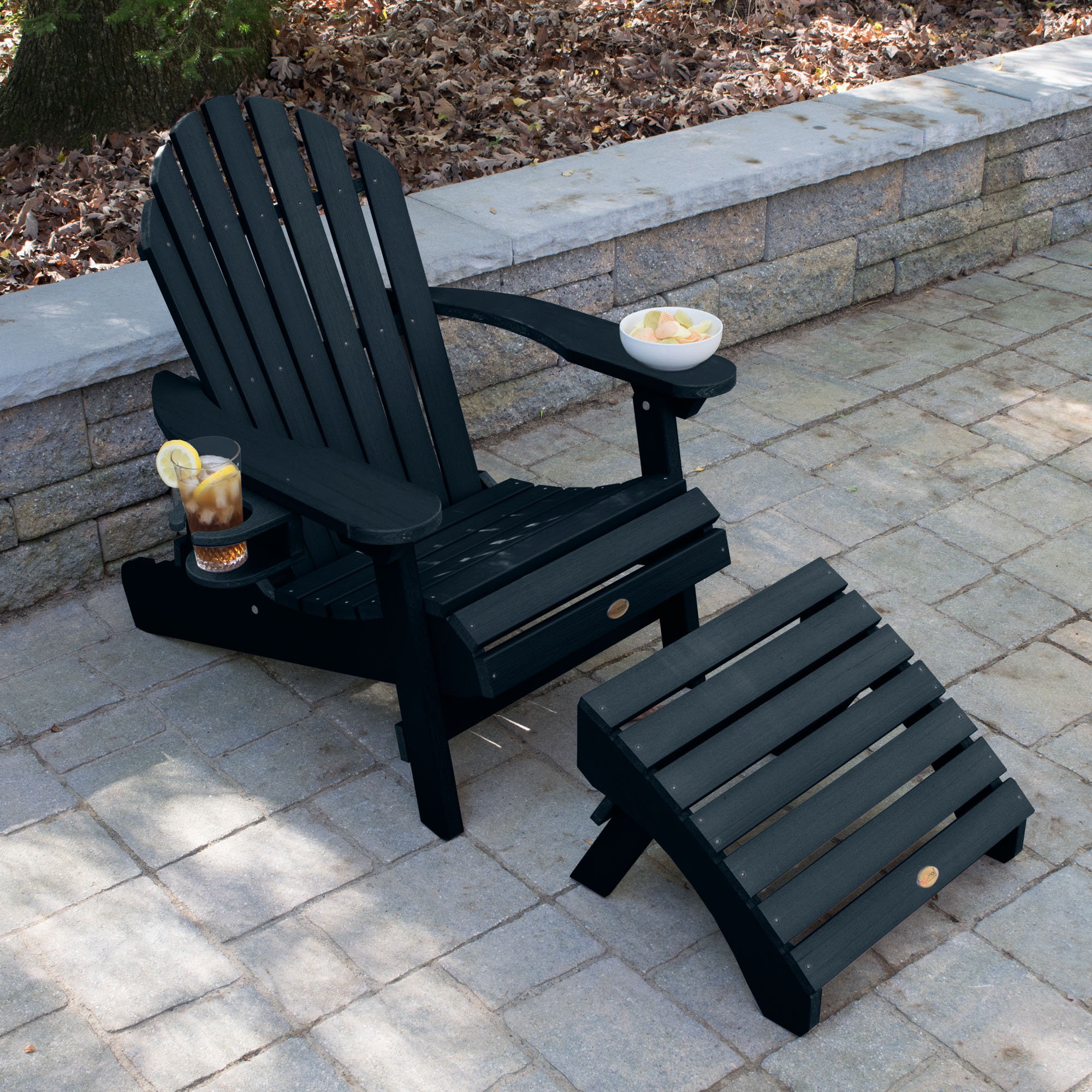 Highwood AD-KITCHL5-FBE Hamilton Folding & Reclining Adirondack Chair with Ottoman and Cup Holder in Federal Blue - Perfect for Patio, Deck, Poolside & Backyard Relaxation