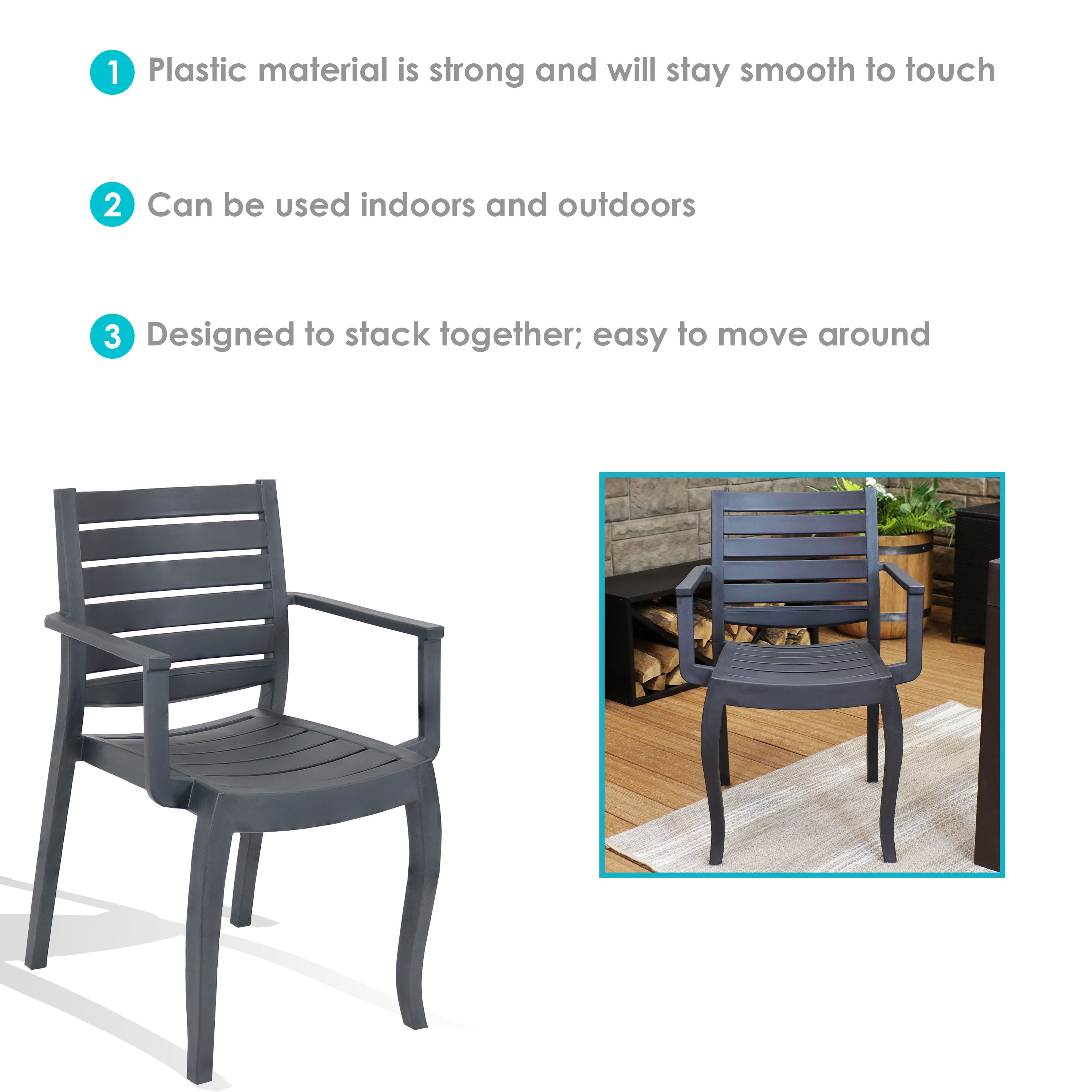 Sunnydaze Illias Plastic Outdoor Dining Armchair - Weather-Resistant Patio Furniture for Garden, Poolside, and Backyard Dining - Comfortable & Durable Outdoor Seating