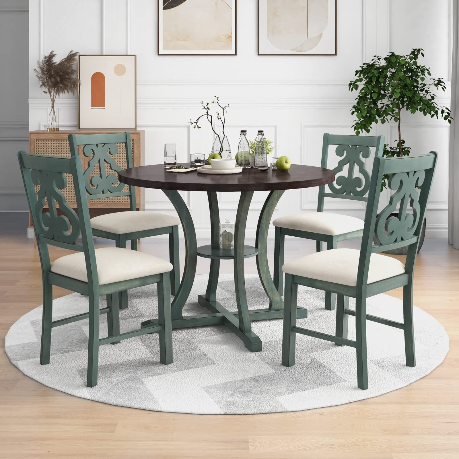 5-Piece Antique Blue Kitchen Dining Table Set with 1 Table & 4 Chairs, Special-Shaped Legs, Home Kitchen Furniture Dinette Set for Dining Room, Perfect for Small Spaces and Family Gatherings