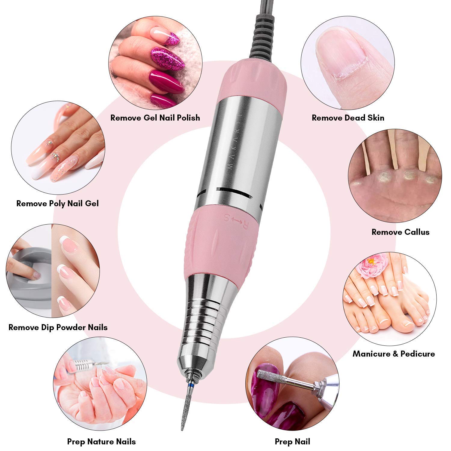Makartt Geneviere Professional Electric Nail Drill Machine Kit with Safety Nail Drill Bits - Perfect for Salon, Home Manicure & Pedicure, Nail Art Design