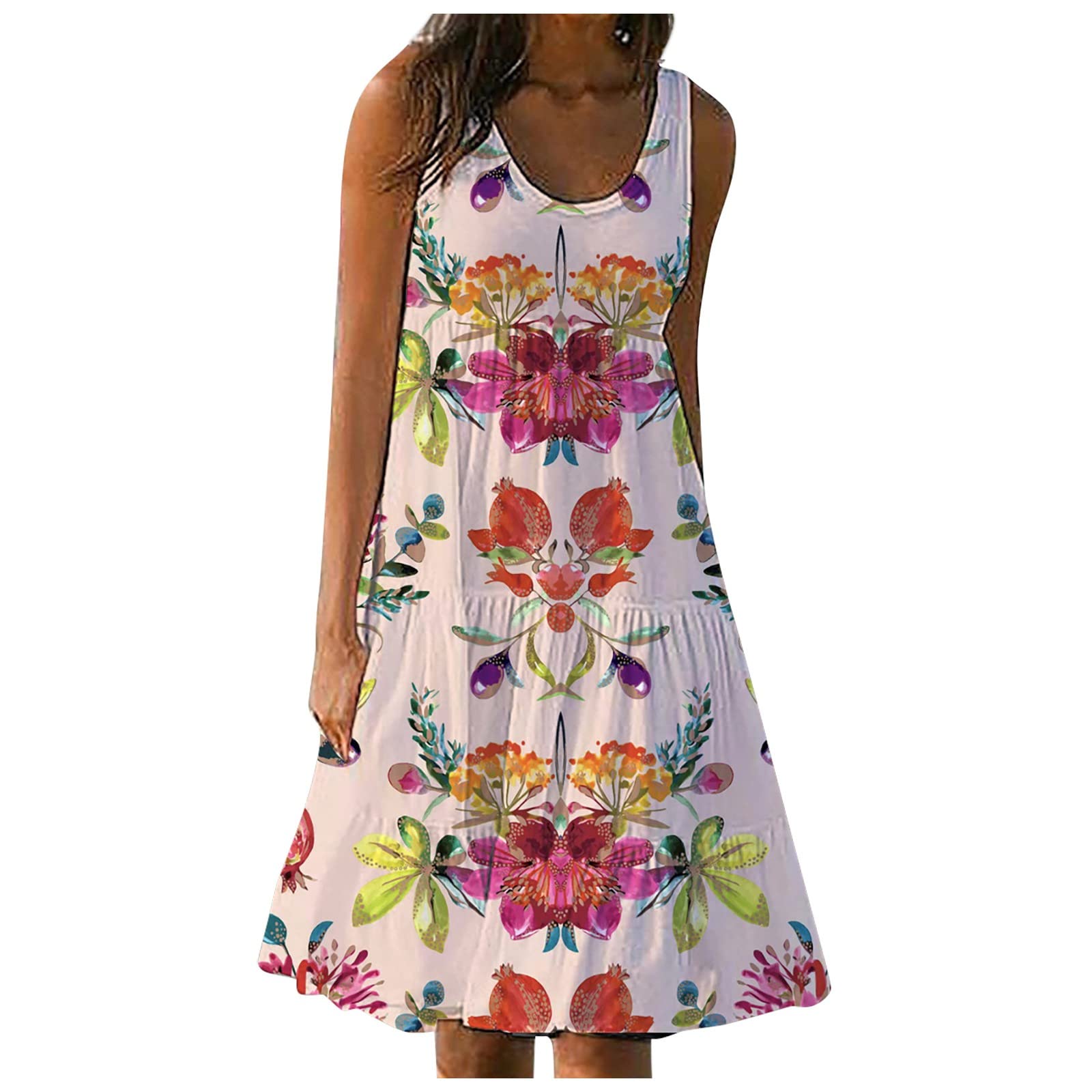 Women's Floral Print Summer Beach Dress - Sleeveless Round Neck Cute Romper for Vacation, Swim Cover Up, Pool Party & Outdoor Activities