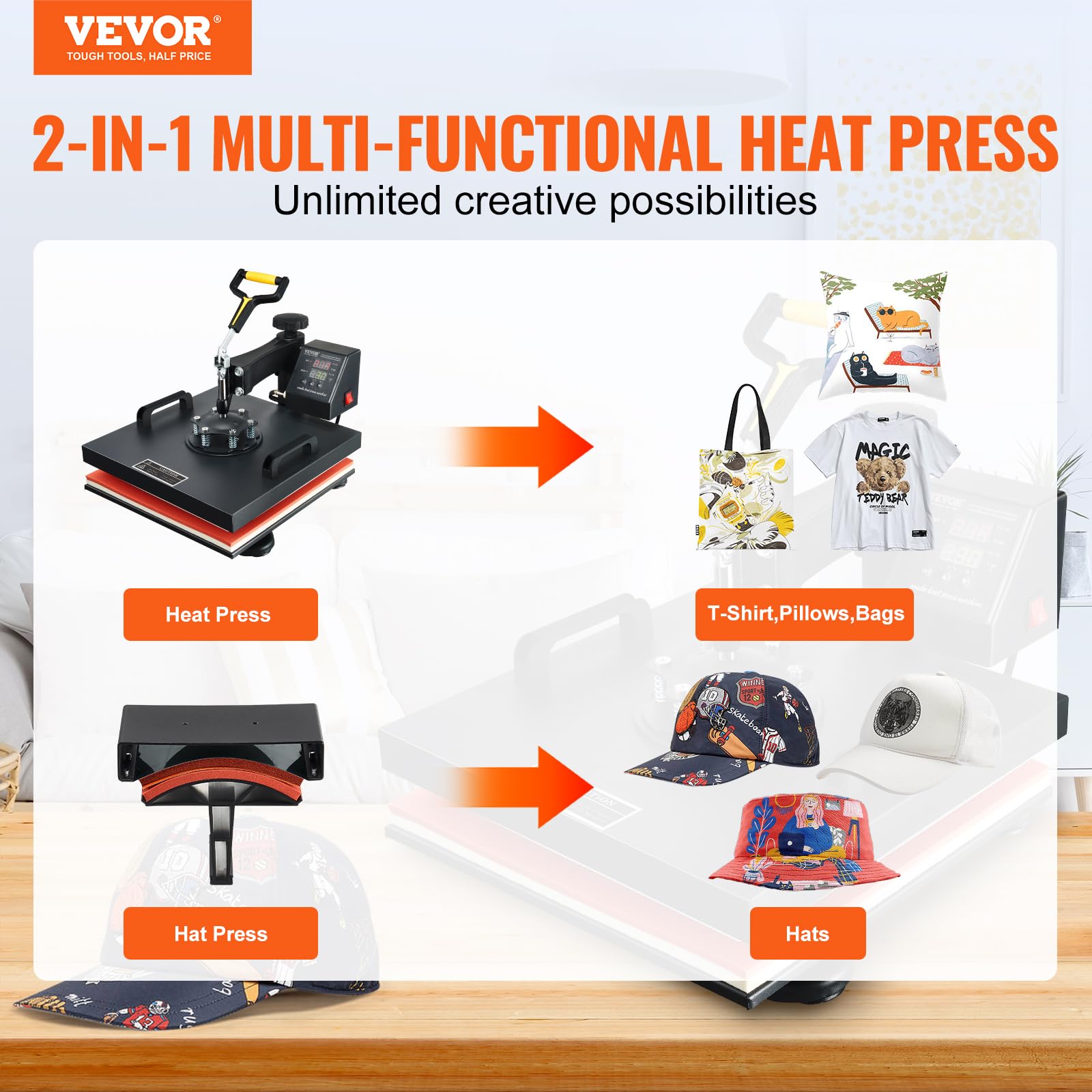 VEVOR 15x15 Inch 2-in-1 Heat Press Machine for T-Shirts & Hats | Swing Away T-Shirt Press | Professional Sublimation, Vinyl & Heat Transfer Equipment | Perfect for DIY Crafts, Custom Apparel & Small Business Projects