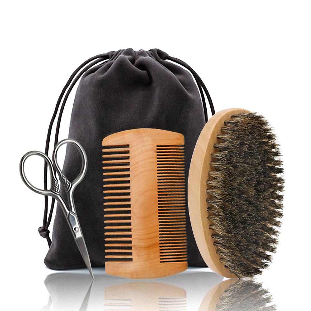 Premium Beard Grooming Kit for Men - Boar Bristle Brush, Bamboo Comb & Mustache Scissors Set | Beard Straightener, Softener & Styling Tools | Perfect for Daily Care, Travel & Gifts