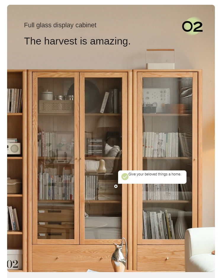 Oak Solid Wood Modern Glass Door Bookcase - Stylish Bookshelf for Living Room, Office & Library - Perfect for Home Decor & Book Storage