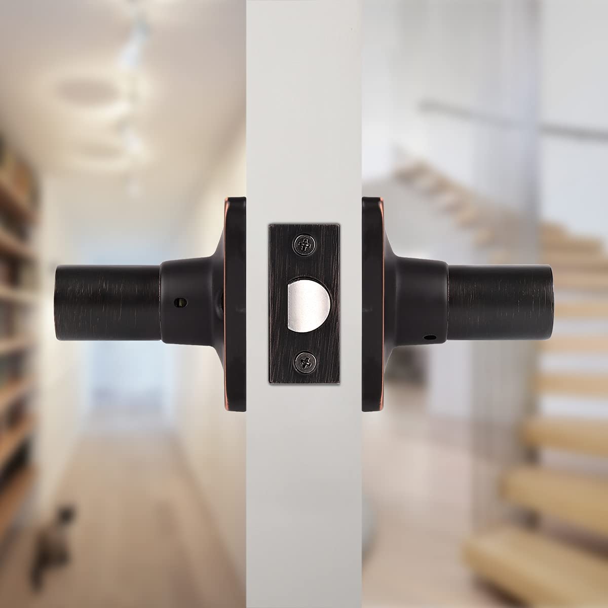GobeKOR 6 Pack Oil Rubbed Bronze Keyless Passage Lever Door Handle with Lock - Square Interior Door Lever for Bedroom, Bathroom & Closet - Easy Installation & Secure Privacy Lock