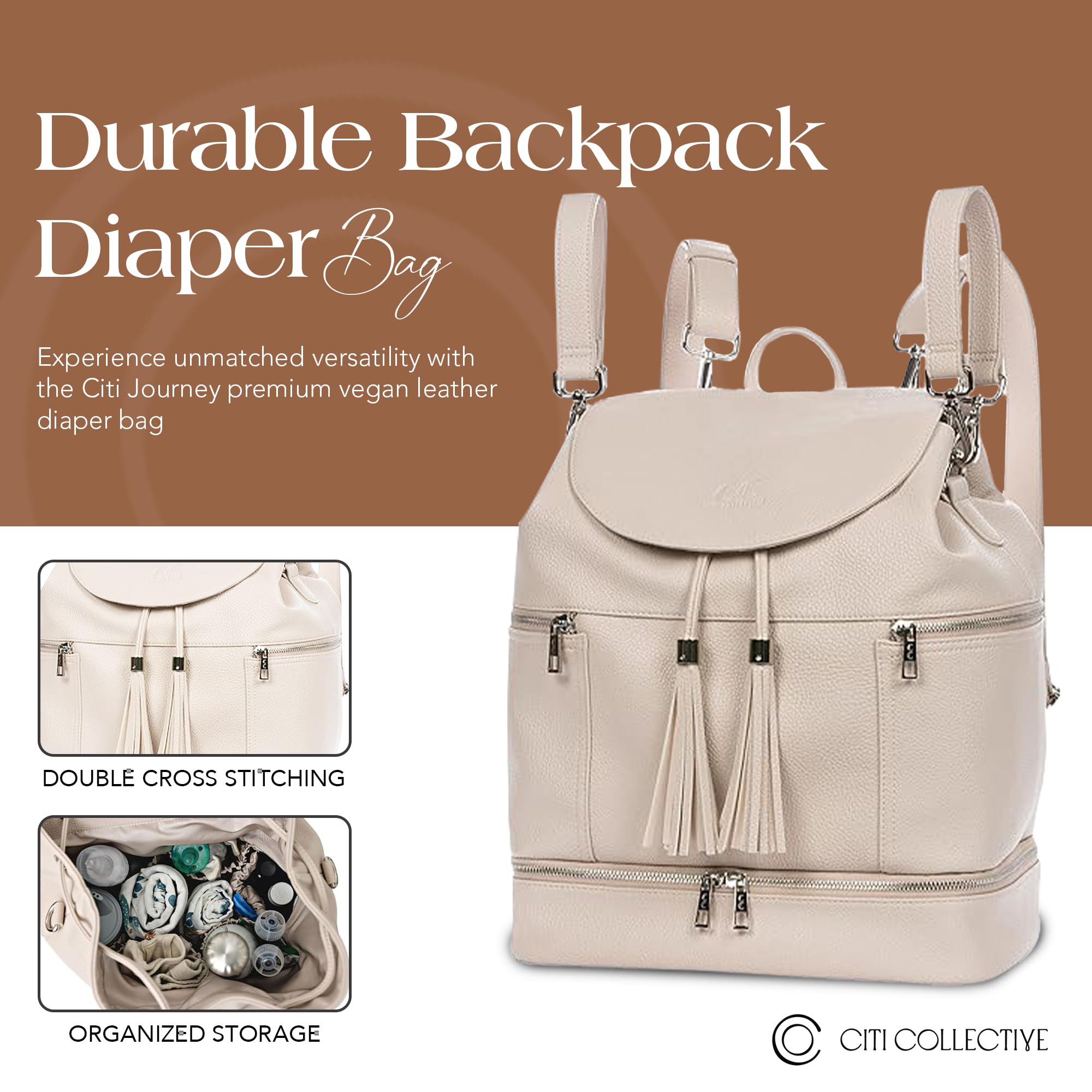 Citi Collective Journey Pearl Vegan Leather Diaper Bag Backpack - Stylish Multifunctional Travel Baby Bag with Changing Pad, Stroller Straps & Insulated Bottle Pockets | Perfect for Moms On-The-Go, Air Travel & Daily Outings with Baby
