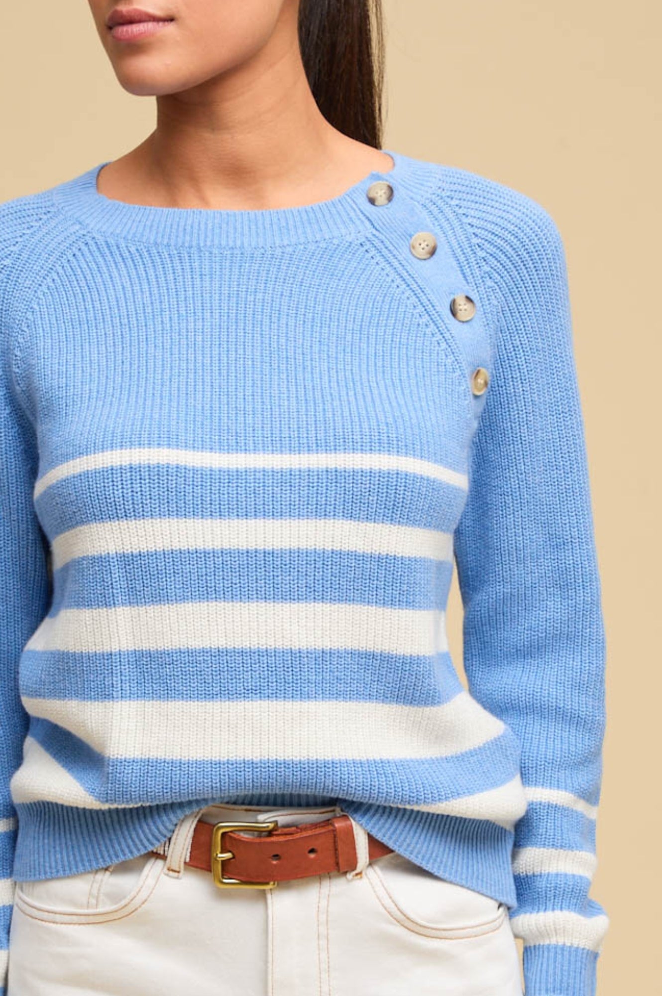 Rhia Jumper - Women's Striped Knit Sweater in Cornflower Blue & Ivory | Cozy Fall & Winter Fashion for Casual Outings & Office Wear