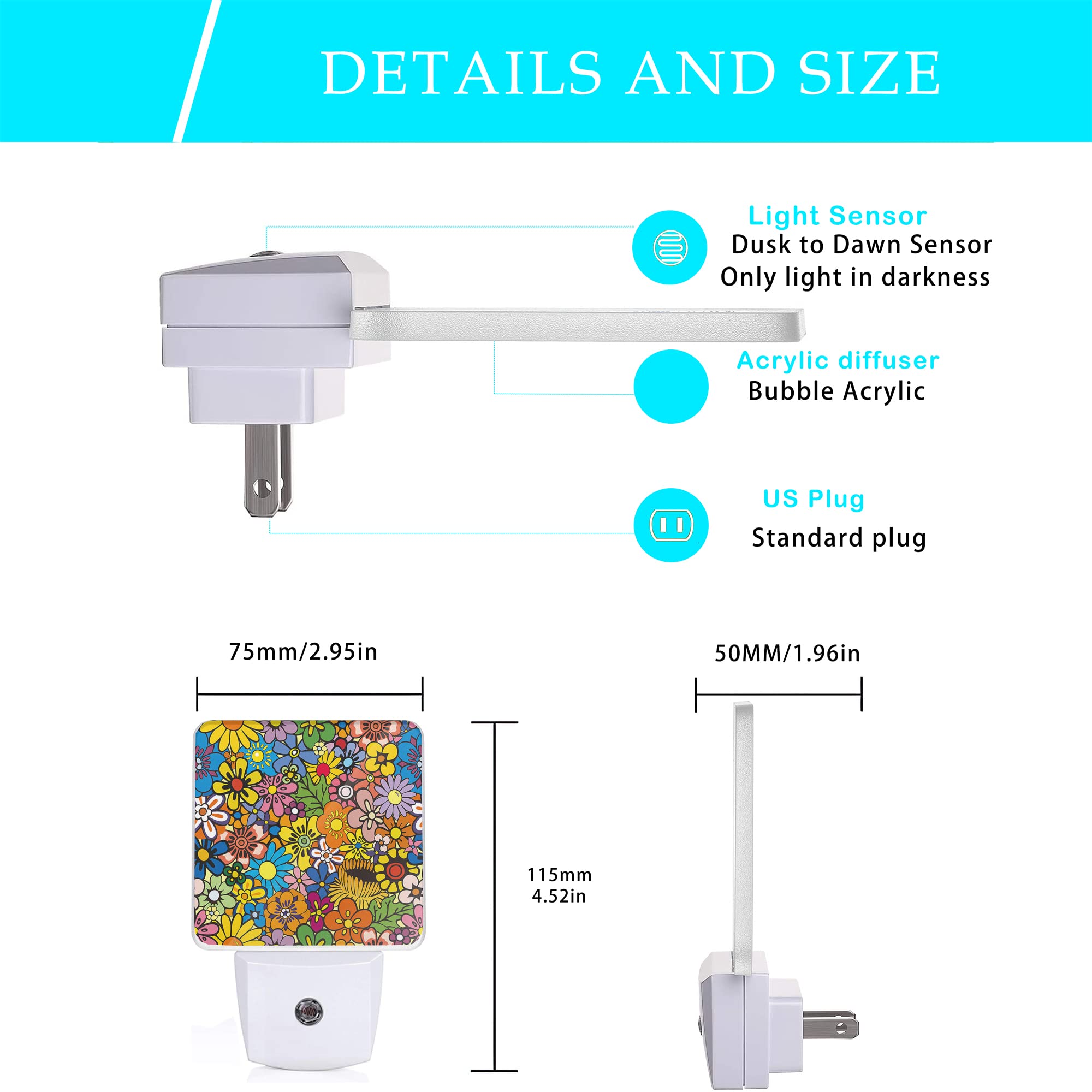 Hippie Flower Night Light Plug in Wall - 0.5W LED Sleep-Friendly Nightlight with Dusk to Dawn Sensor for Kids Boys Girls - Perfect for Bedroom, Nursery, Hallway, Stairway & Home Decor