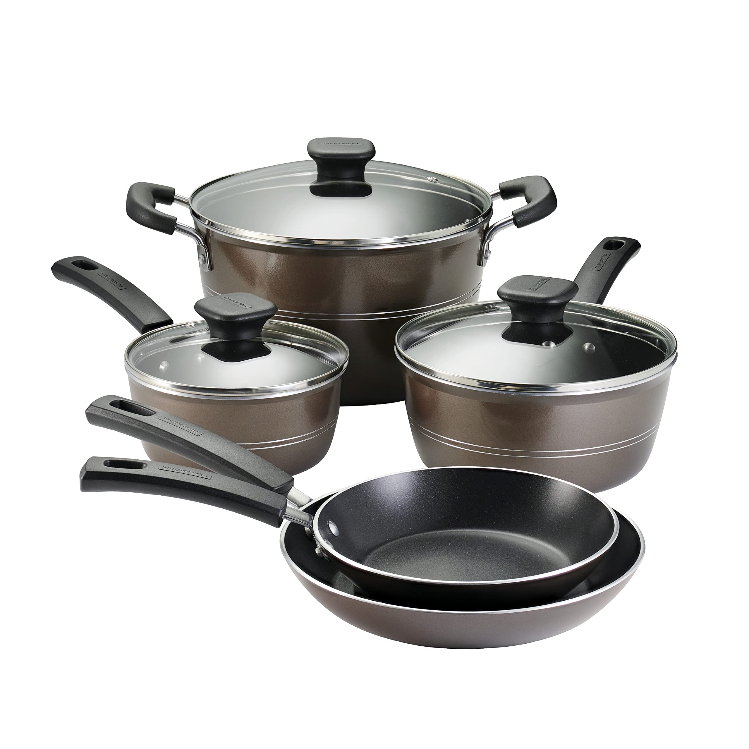 Tramontina Sicilia 8-Piece Nonstick Cookware Set with Glass Lids - Aluminum Pots and Pans Kitchen Set (Hazelnut) - Perfect for Sauteing, Boiling & Everyday Cooking