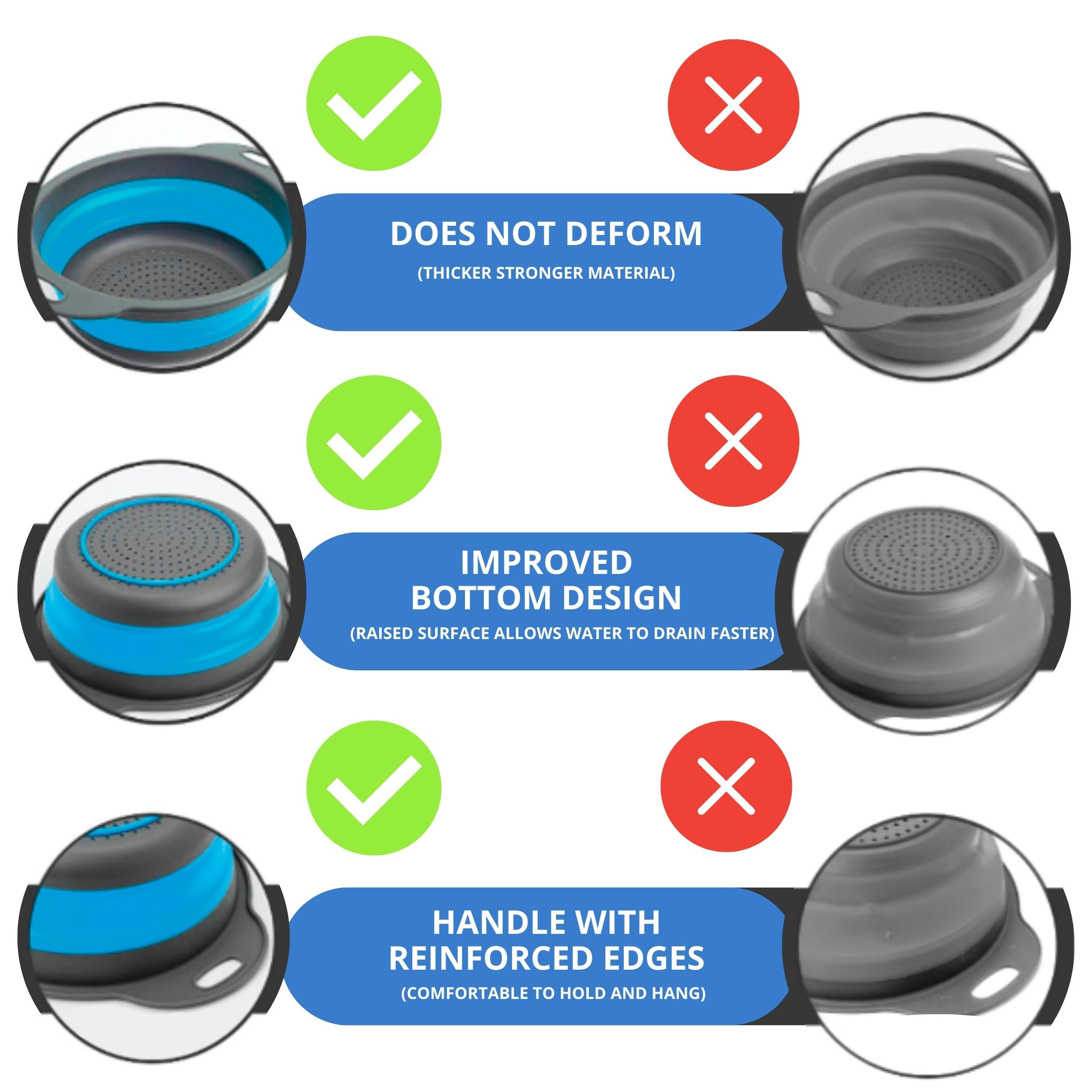 Blue Kitchen Strainer Colander Set - 2 PCS Collapsible Silicone Food Grade Strainers with Plastic Handles for Pasta, Spaghetti, and Vegetables - Perfect for Cooking, Draining, and Meal Prep