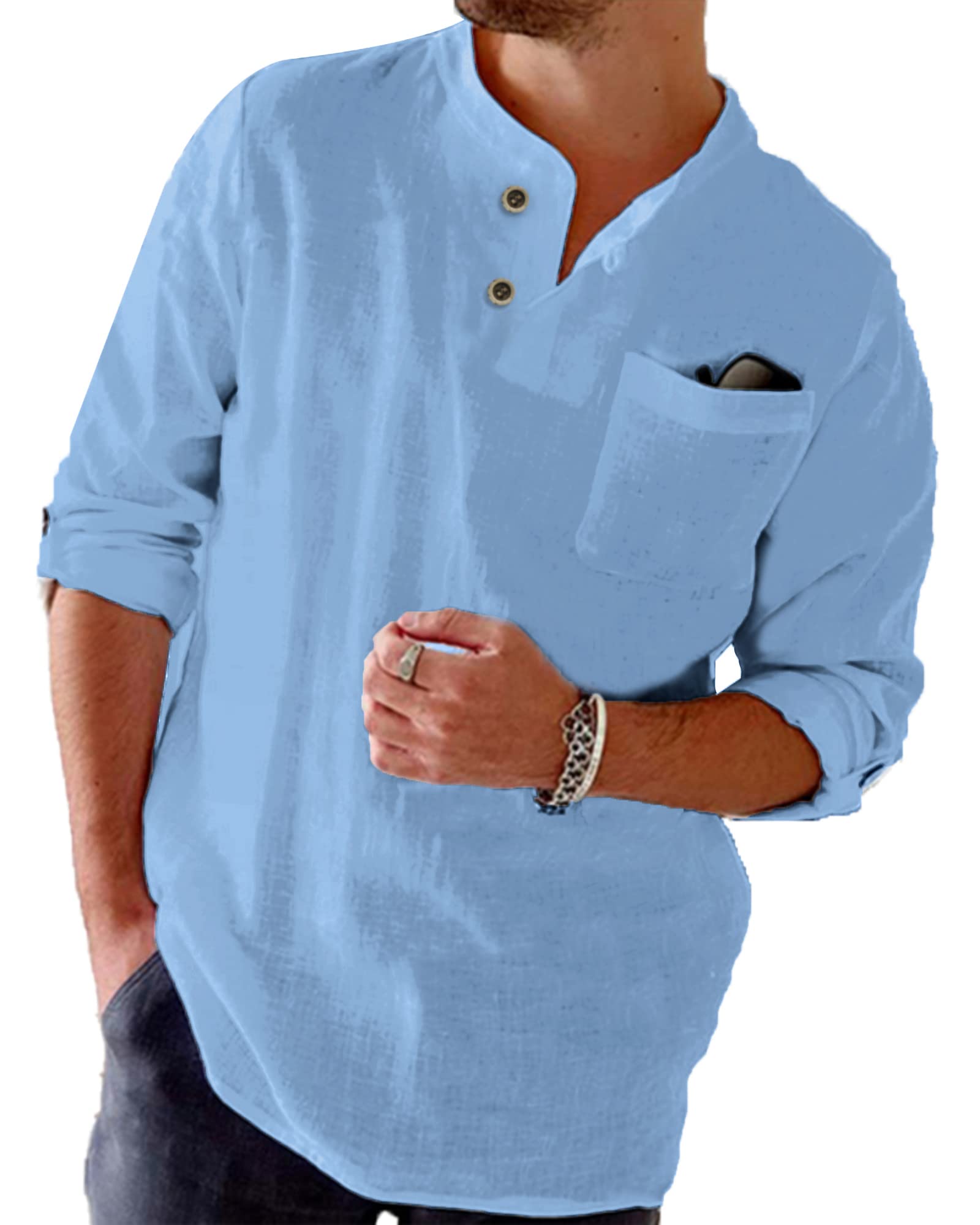 NANAMEEI Men's Cotton Linen Henley Shirt - Casual Summer Style for Outdoors