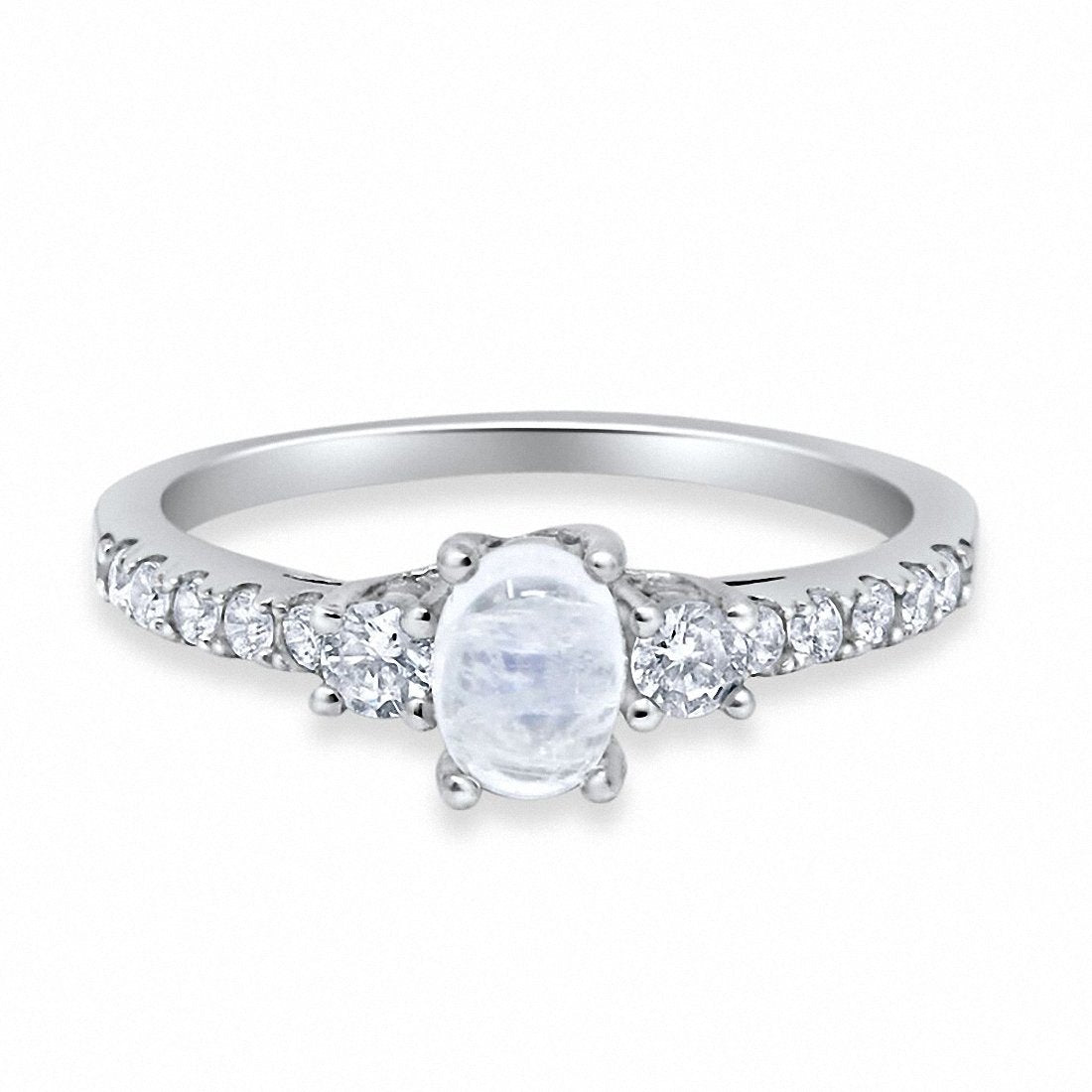 3 Stone Oval Simulated Moonstone 925 Sterling Silver Ring with Round Cubic Zirconia - Choose Your Color | Elegant Jewelry for Weddings, Anniversaries & Special Occasions