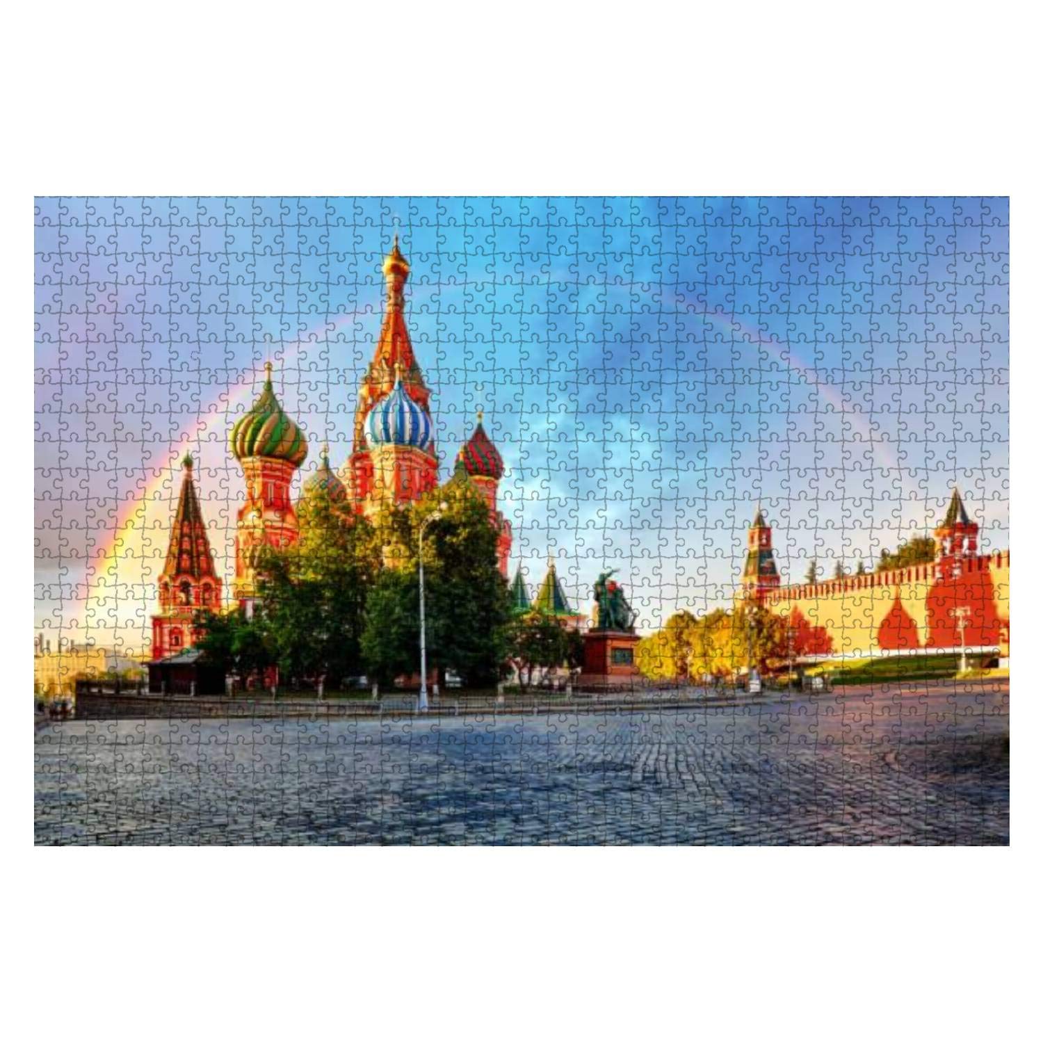 1000-Piece Wooden Jigsaw Puzzle - St. Basil's Cathedral & Red Square Moscow Russia Landscape with Rainbow - Educational Brain Teaser for Adults & Kids - Stress Relief Toy for Family Game Night & Classroom Activities