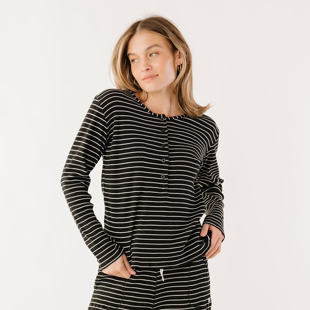 Men's Black and White Striped Henley Shirt - Casual Long Sleeve Button-Up for Everyday Wear & Outdoor Activities