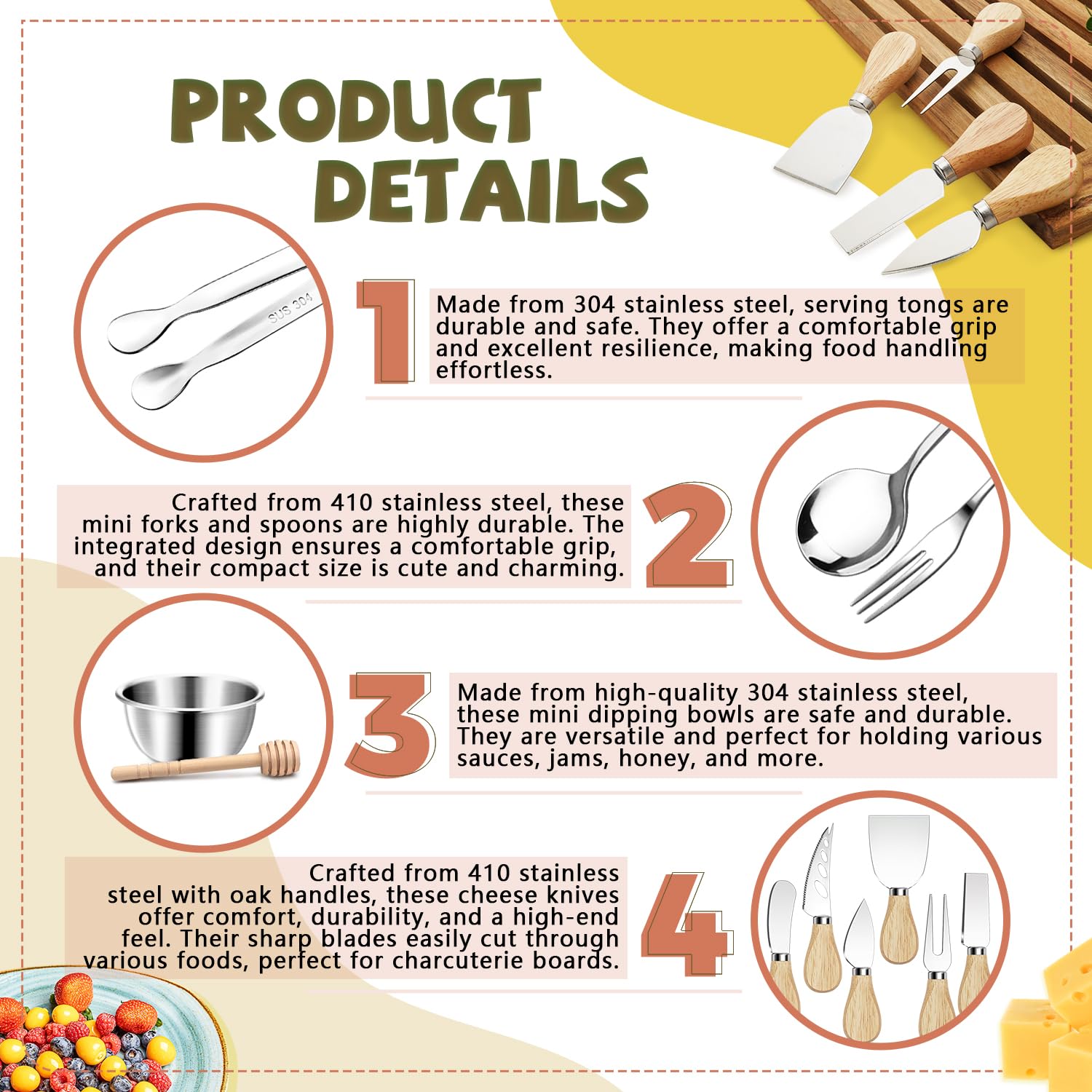 Premium Charcuterie Board Set with Cheese Knives, Serving Tongs, Forks, Spoons & Dipping Bowls - Complete Charcuterie Accessories Kit for Cheese Platters, Party Trays & Entertaining - Perfect for Wine Nights, Bridal Showers & Holiday Gatherings