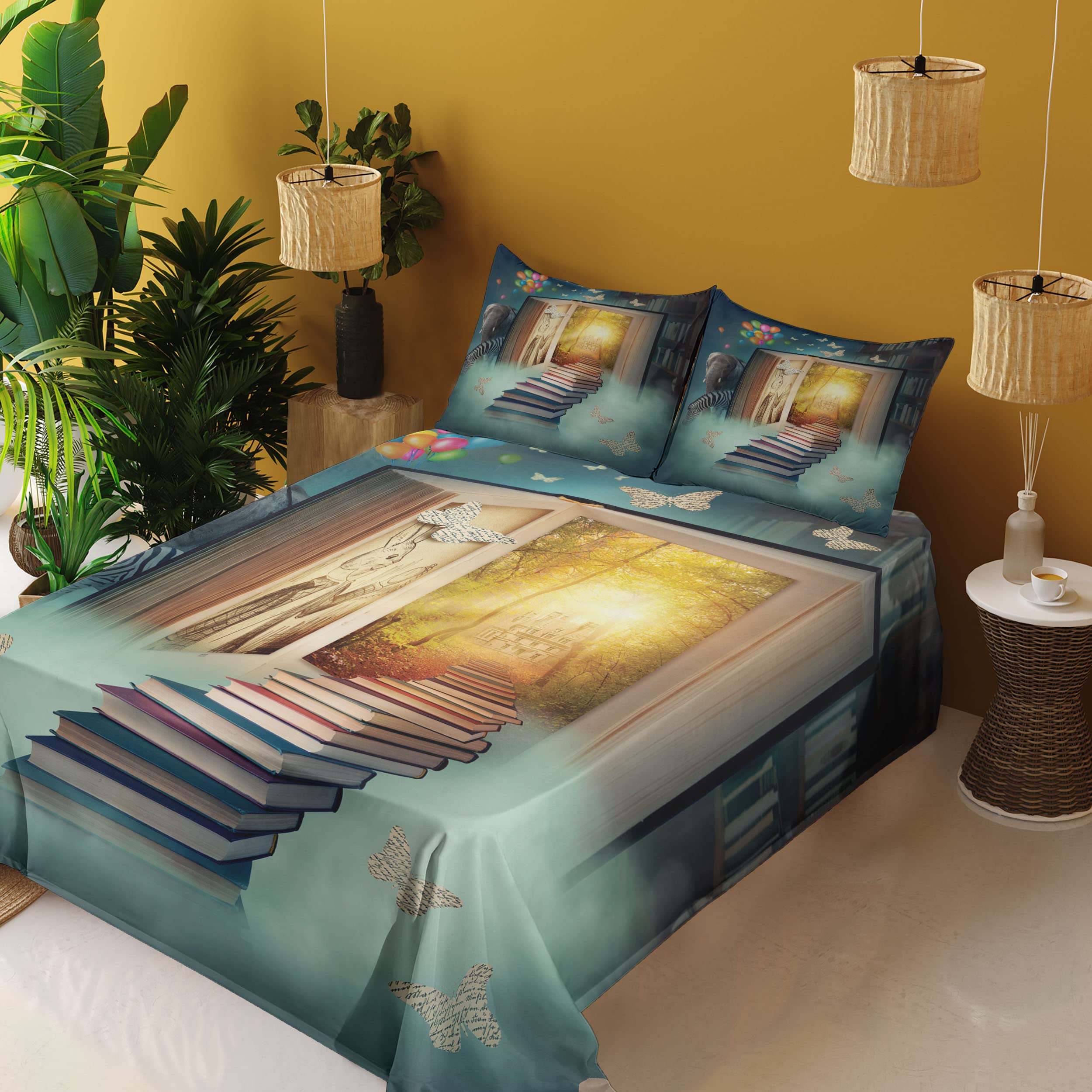 Ambesonne Fantasy Bedding Set 4-Piece - Magic Book Forest Balloon Zebra Animal Butterflies Design, King Size Fitted & Flat Sheet with Pillowcases, Teal & Yellow - Perfect for Kids' Rooms, Fantasy Themed Bedrooms & Unique Home Decor