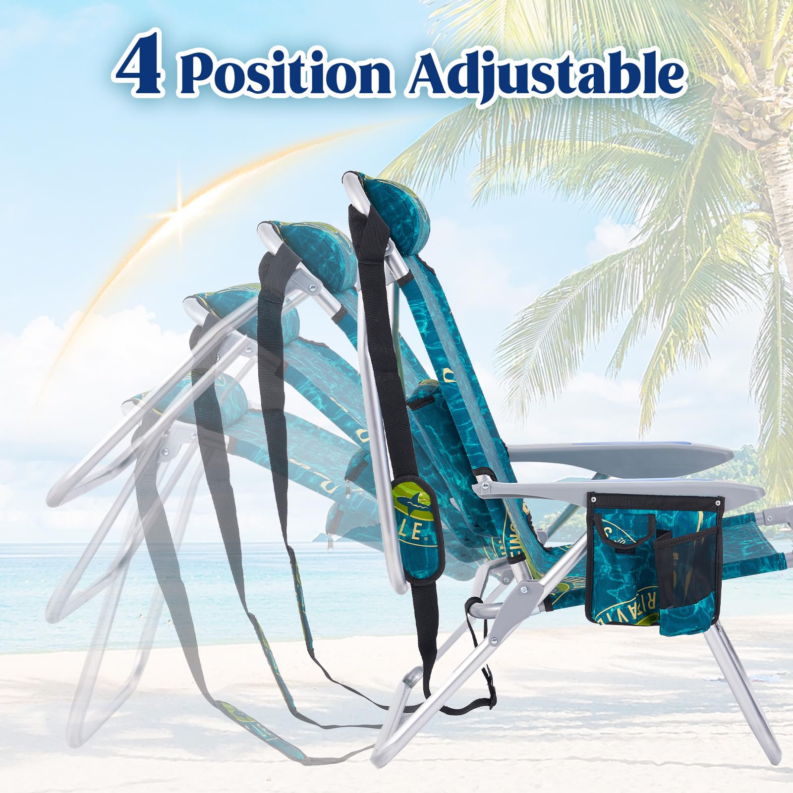 Portable Folding Camping Beach Chair for Adults - Lightweight Outdoor Lounge Chair with Footrest, Backpack Straps, Towel Bar, Cooler Pouch & Cup Holder - Perfect for Beach, Picnic, Backyard & Travel (Geometric Green)