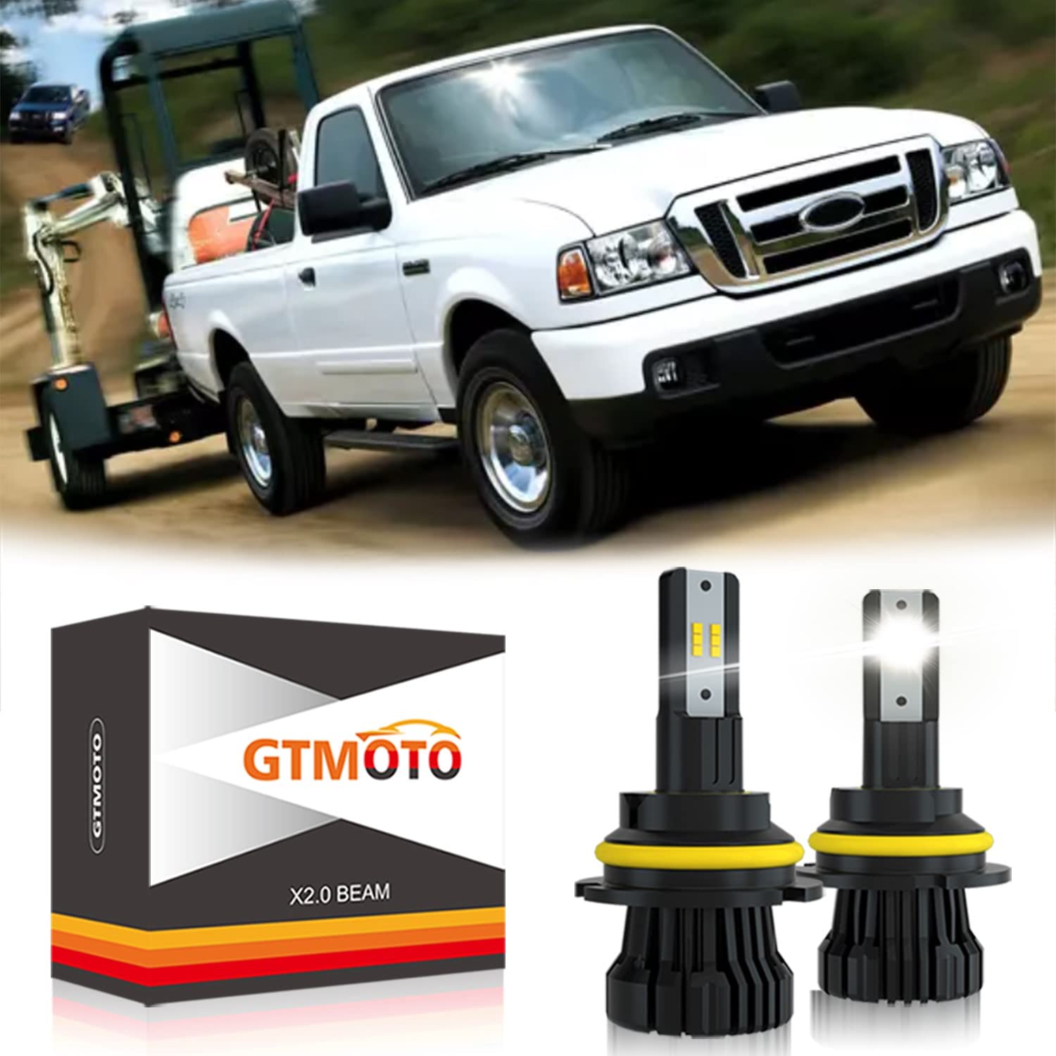 GTMOTO LED Headlight Bulbs HB5/9007 Conversion Kit - 6000K Bright White Dual Beam for 1993-2011 Ford Ranger & Crown Victoria - Plug and Play High/Low Beam Headlights (2-Pack) - Perfect for Night Driving & Off-Road Adventures