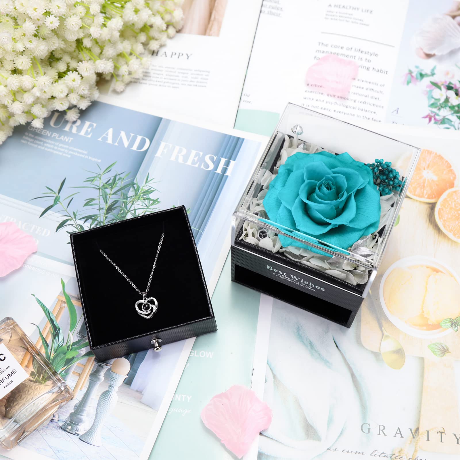 Real Preserved Rose Necklace - Eternal Flower Jewelry Gift for Women, Mom, Wife, Girlfriend (I Love You in 100 Languages) - Perfect for Anniversary, Mother's Day, Birthday & Romantic Occasions