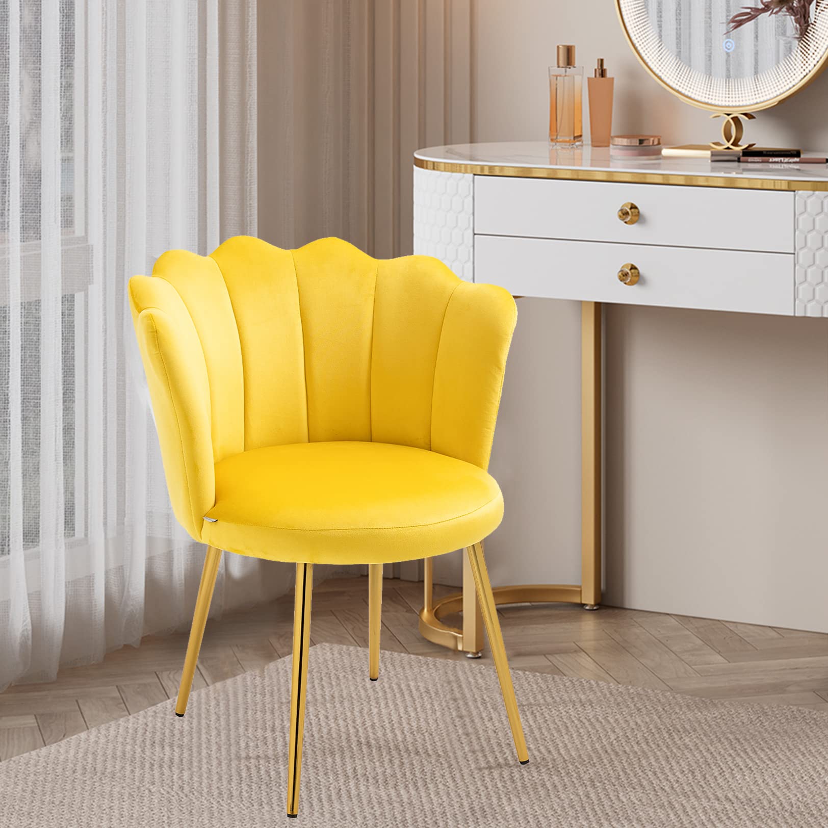 Fluffy Pink Faux Fur Swivel Desk Chair with Wheels - Adjustable Height Vanity Chair for Makeup Room, Teen Girls Bedroom & Home Office - Soft Computer Chair for Gaming, Studying & Working (Mustard H)