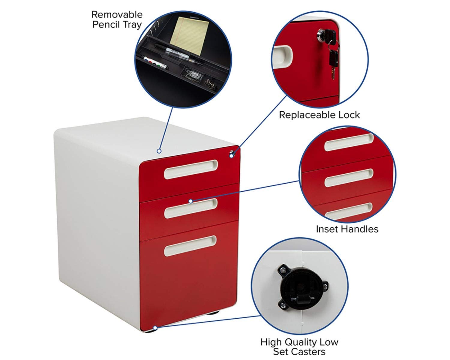Flash Furniture Wren Ergonomic 3-Drawer Mobile Locking File Cabinet with Anti-Tilt Mechanism - Letter/Legal Size Drawers - White with Red Faceplate - Perfect for Home Office, Small Business & Professional Workspaces