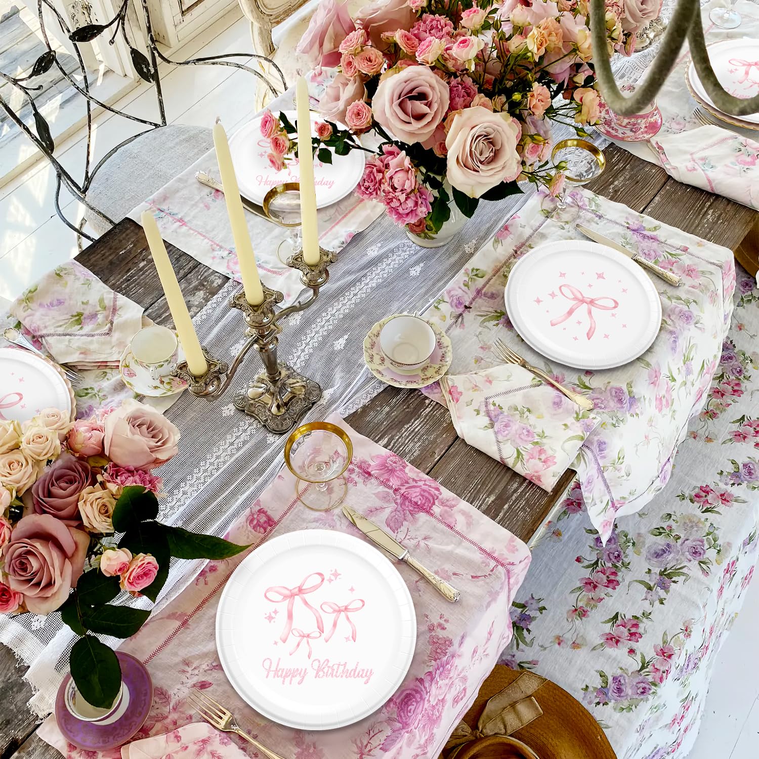 96Pcs Pink Bow Birthday Party Decorations Set - Coquette Theme Tableware Includes Napkins, Plates & Forks - Perfect for Girls Birthday Party, Baby Shower, Bridal Shower & Themed Events
