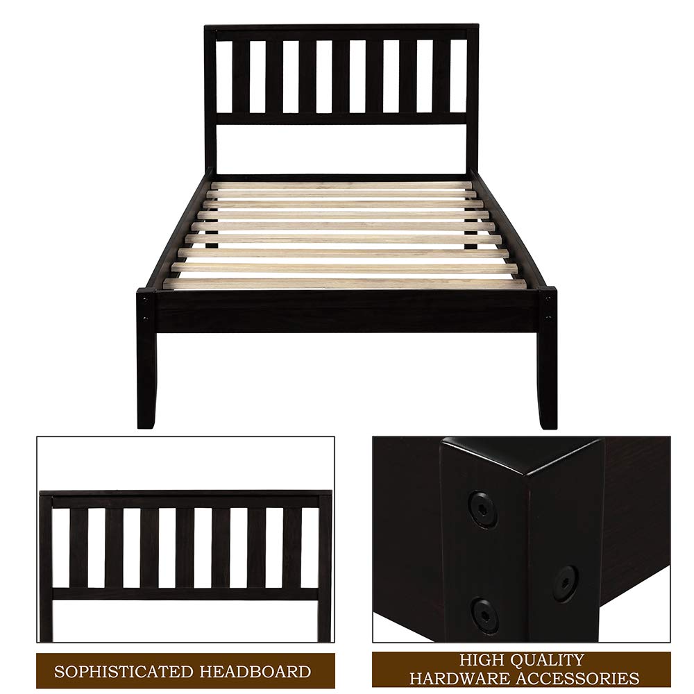Solid Wood Platform Bed with Headboard & Slat Support - Twin Size Espresso Finish - Perfect for Kids Rooms, Guest Bedrooms & Small Spaces