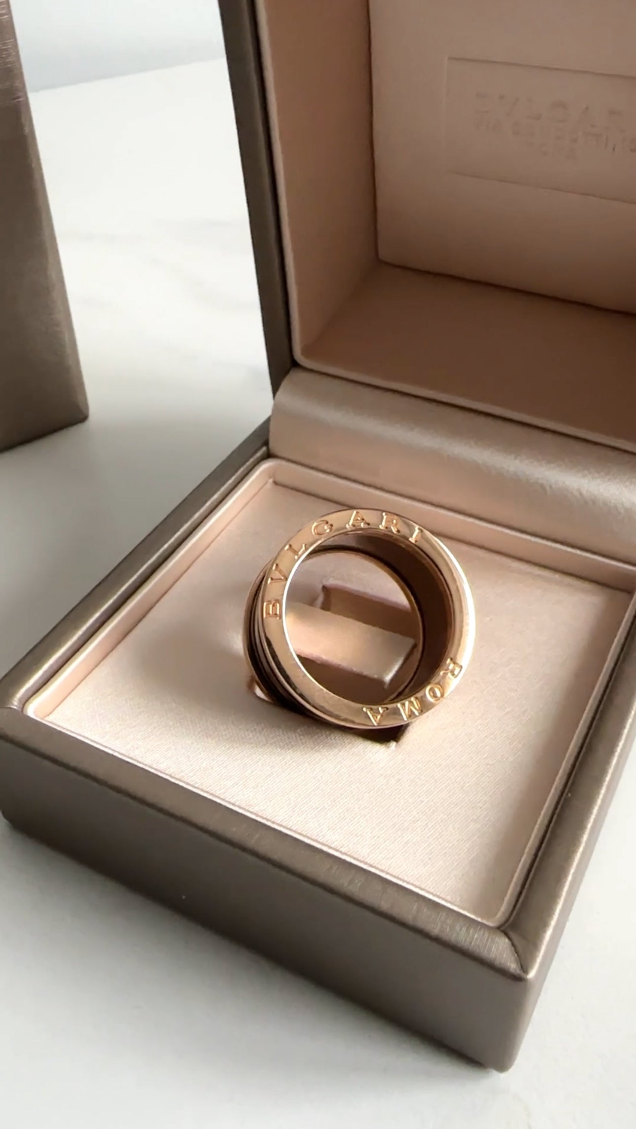 Bvlgari 18k Rose Gold Roma B.Zero1 Ring with Bronze Ceramic 4 Bands - Size 56 / 7.5 - Luxury Jewelry for Women, Perfect for Weddings, Anniversaries & Special Occasions
