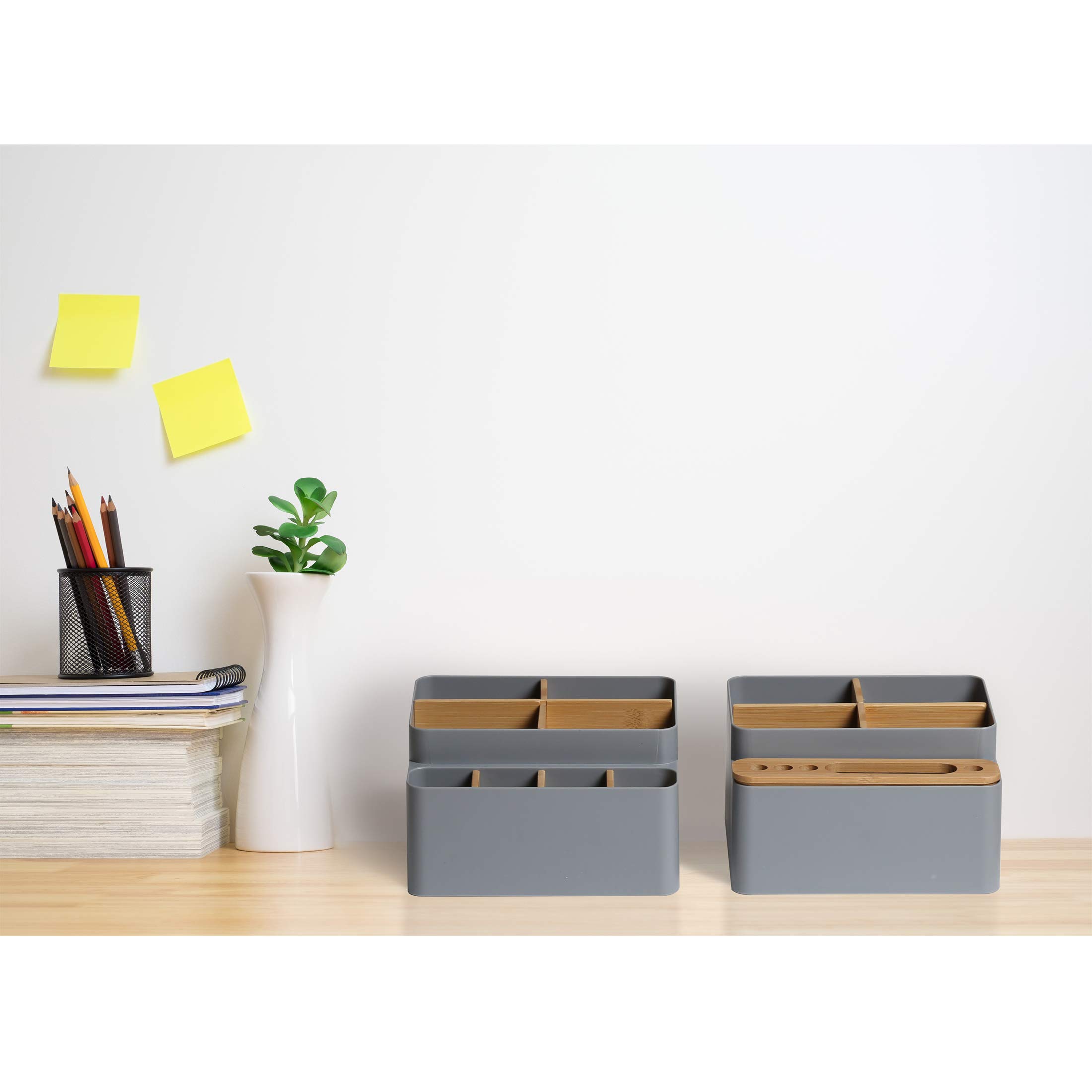 Premium Bamboo Organizer Storage Bins - Kitchen Silverware, Pantry, Closet & Office Desk Organizer for Pens, Utensils, Makeup & K-Cups (Bamboo/Gray) | Perfect for Home, Office & Kitchen Organization