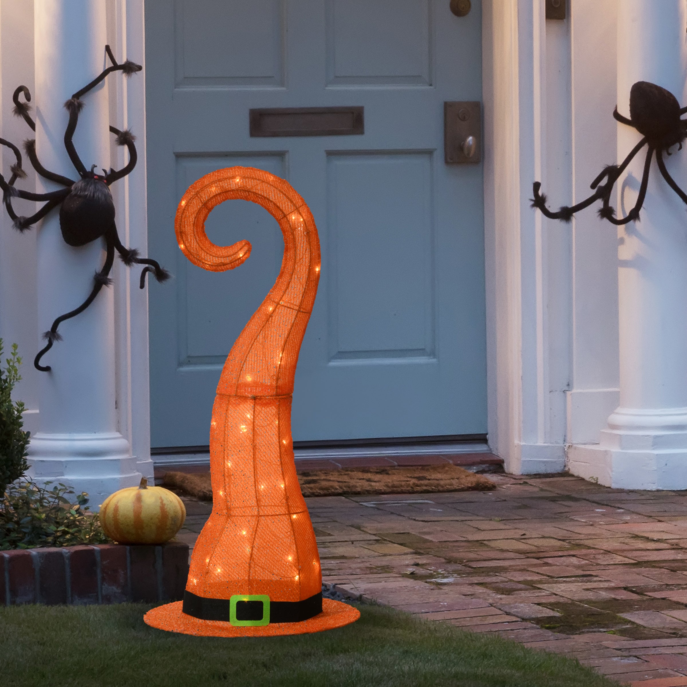 34 Inch Halloween Pre-Lit Orange Witch Hat Outdoor Decoration with LED Lights - Spooky Yard Decor for Halloween Party & Haunted House