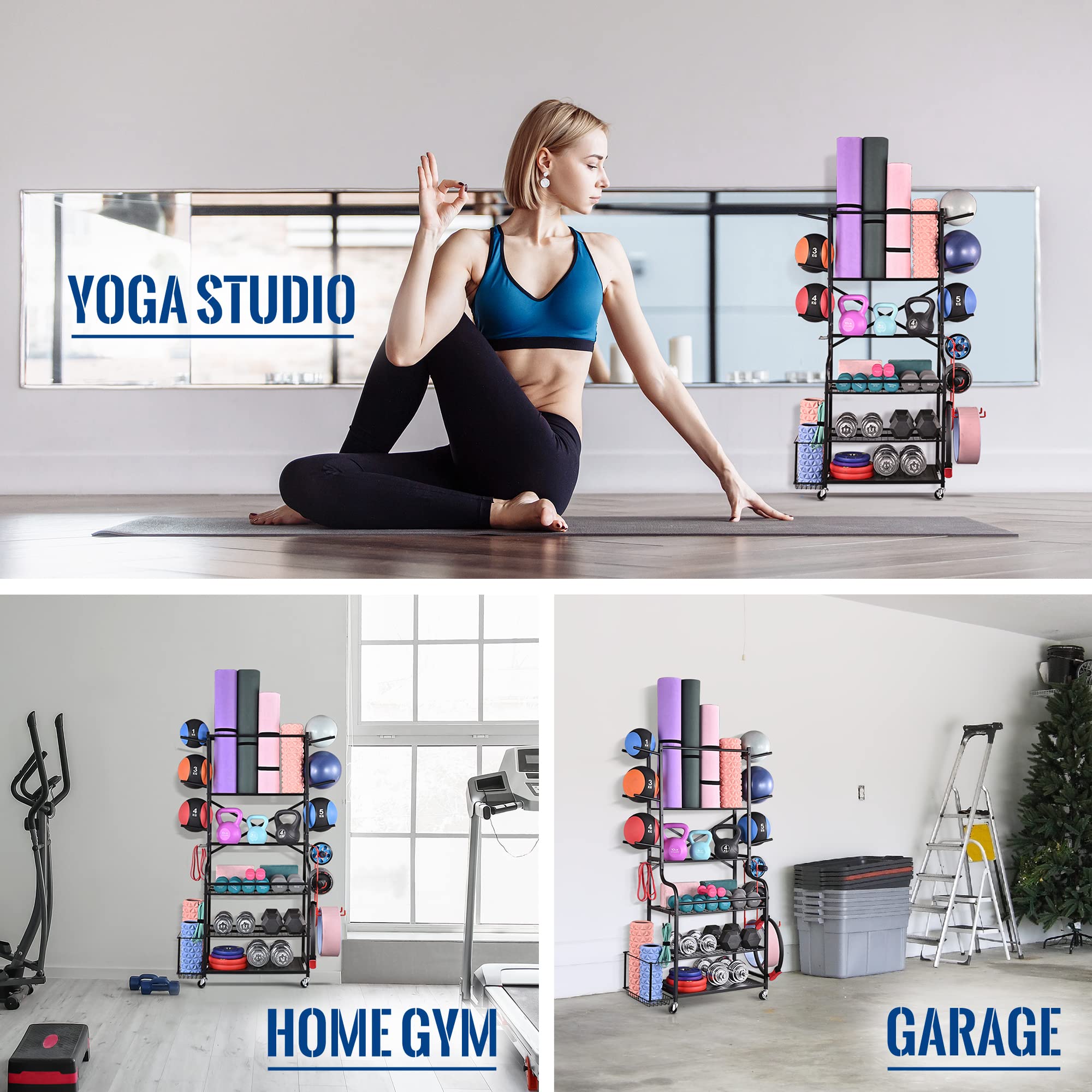 Mythinglogic Yoga Mat Storage Rack - Home Gym Organizer for Dumbbells, Kettlebells, Foam Rollers, Yoga Straps & Resistance Bands - Workout Equipment Storage with Hooks & Wheels - Perfect for Home Gym, Yoga Studio & Fitness Room Organization