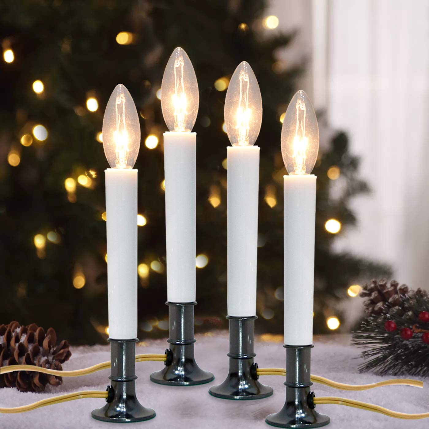GOOTHY Electric Window Candles Lights - 4 Pack Nickel Plated Base Plug-in Christmas Decor with C26 Clear Bulbs & On/Off Switch - Perfect for Holiday Home Decor, Winter Windowsill Lighting & Festive Ambiance
