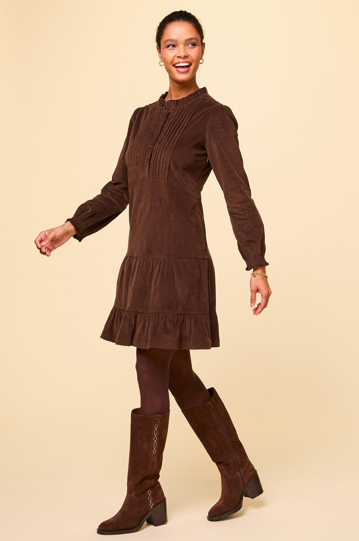 Stema Women's Short Corduroy Dress in Chocolate Brown | Casual Fall Outfit for Coffee Dates & Autumn Walks