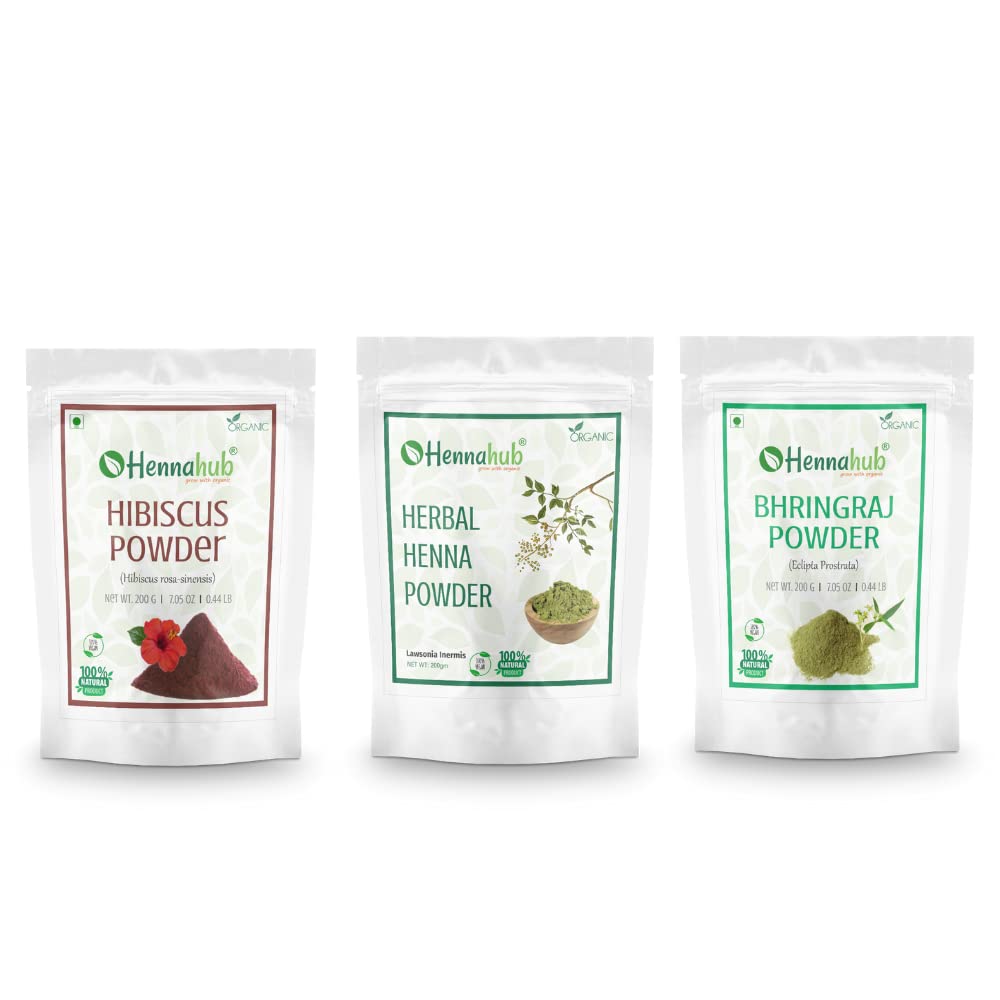 Organic Hibiscus, Herbal Henna & Bhringraj Powder Combo Pack - 200g x 3 (Total 600g) | Natural Hair Care for Growth, Color & Shine | Perfect for DIY Hair Masks, Scalp Treatments & Ayurvedic Hair Care Routines