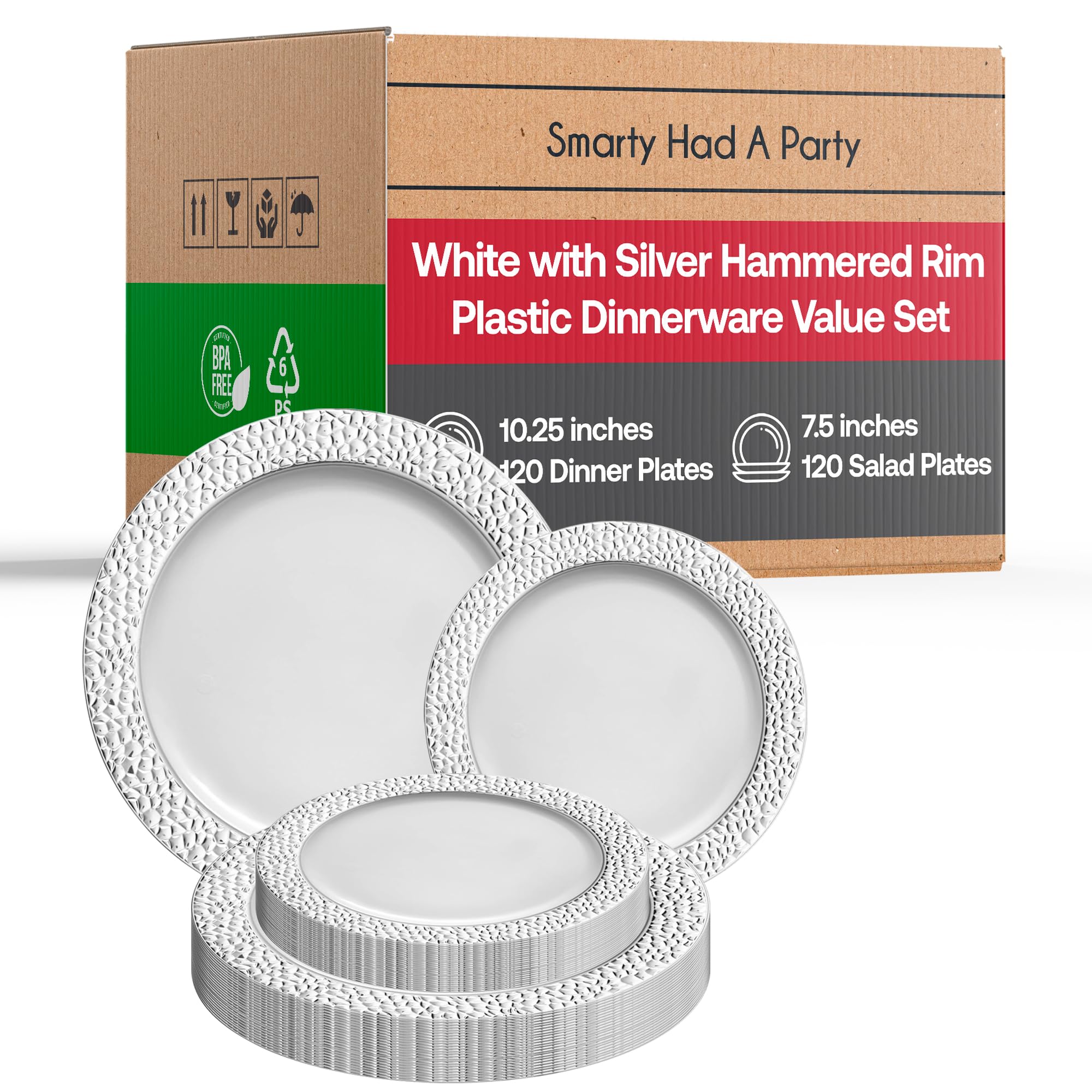 Elegant Disposable Plastic Plates 240 Count - 120 Heavy Duty White Dinner Plates & 120 Dessert Plates with Silver Hammered Rim for Wedding, Birthday Party, Catering, Picnic, and All Special Occasions - Perfect for Indoor and Outdoor Events
