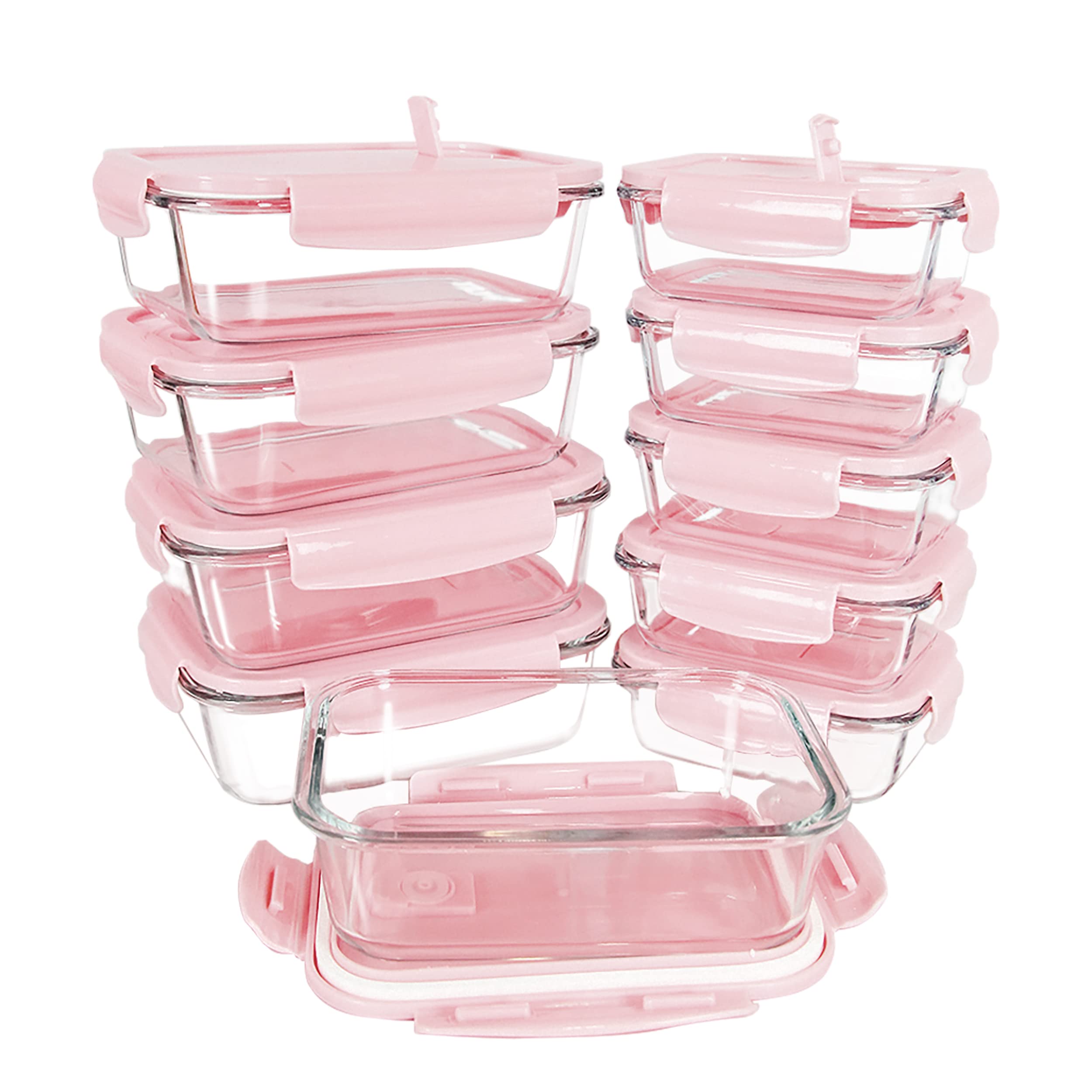 ZRRHOO 10-Pack Airtight Glass Food Storage Containers with Lids - BPA Free, Leakproof Meal Prep Containers for Kitchen, Home, Office & Picnics (Pink) - Perfect for Leftovers, Salad, Snacks & Meal Planning