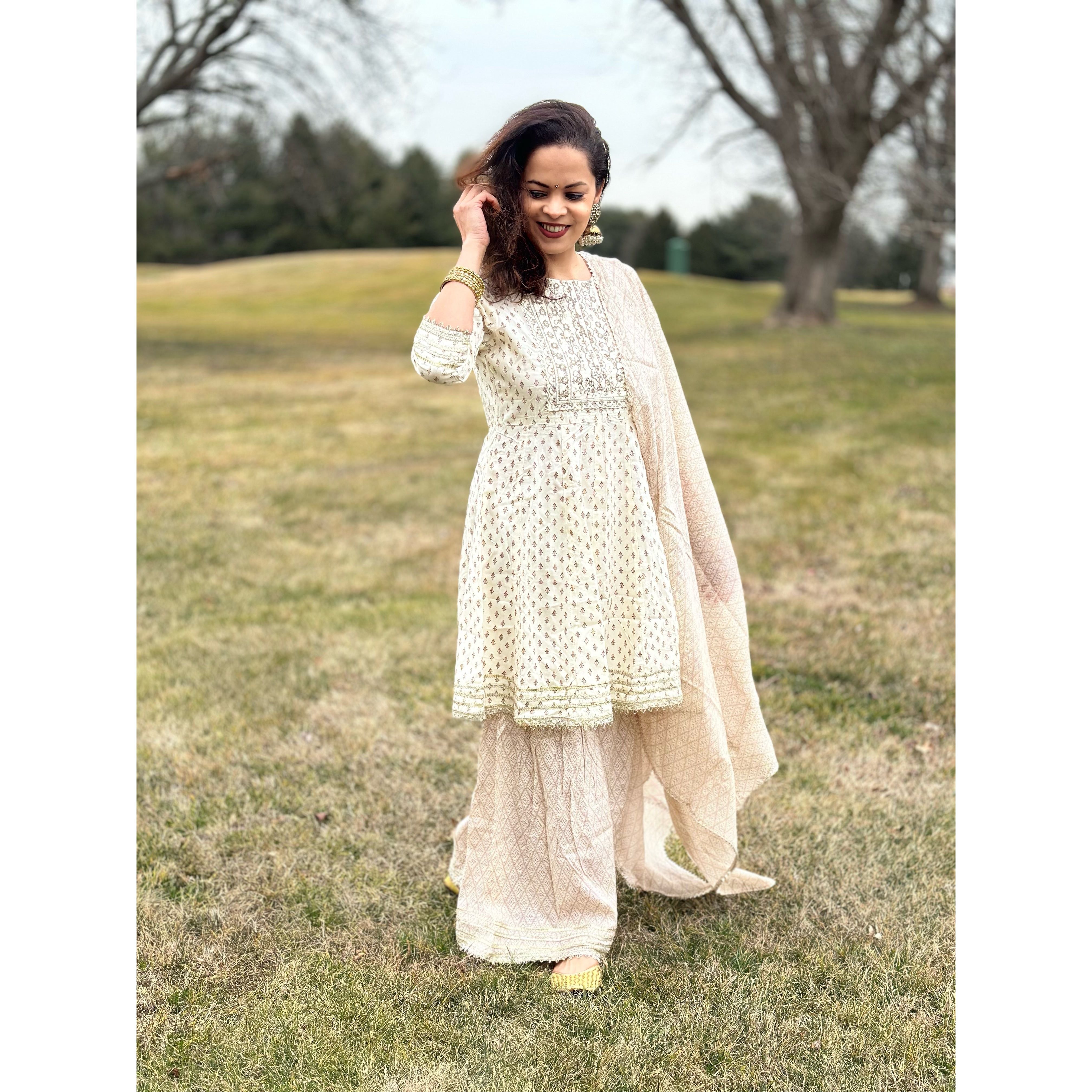 Elegant Beige Sharara Set with Gold Embellishments - Perfect for Weddings, Parties & Festive Occasions