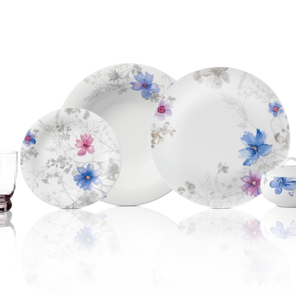Villeroy & Boch Mariefleur Gris Basic Soup Plate 23cm - Premium White Porcelain Dinnerware with Floral Design - Perfect for Fine Dining, Restaurant Use & Elegant Home Table Settings