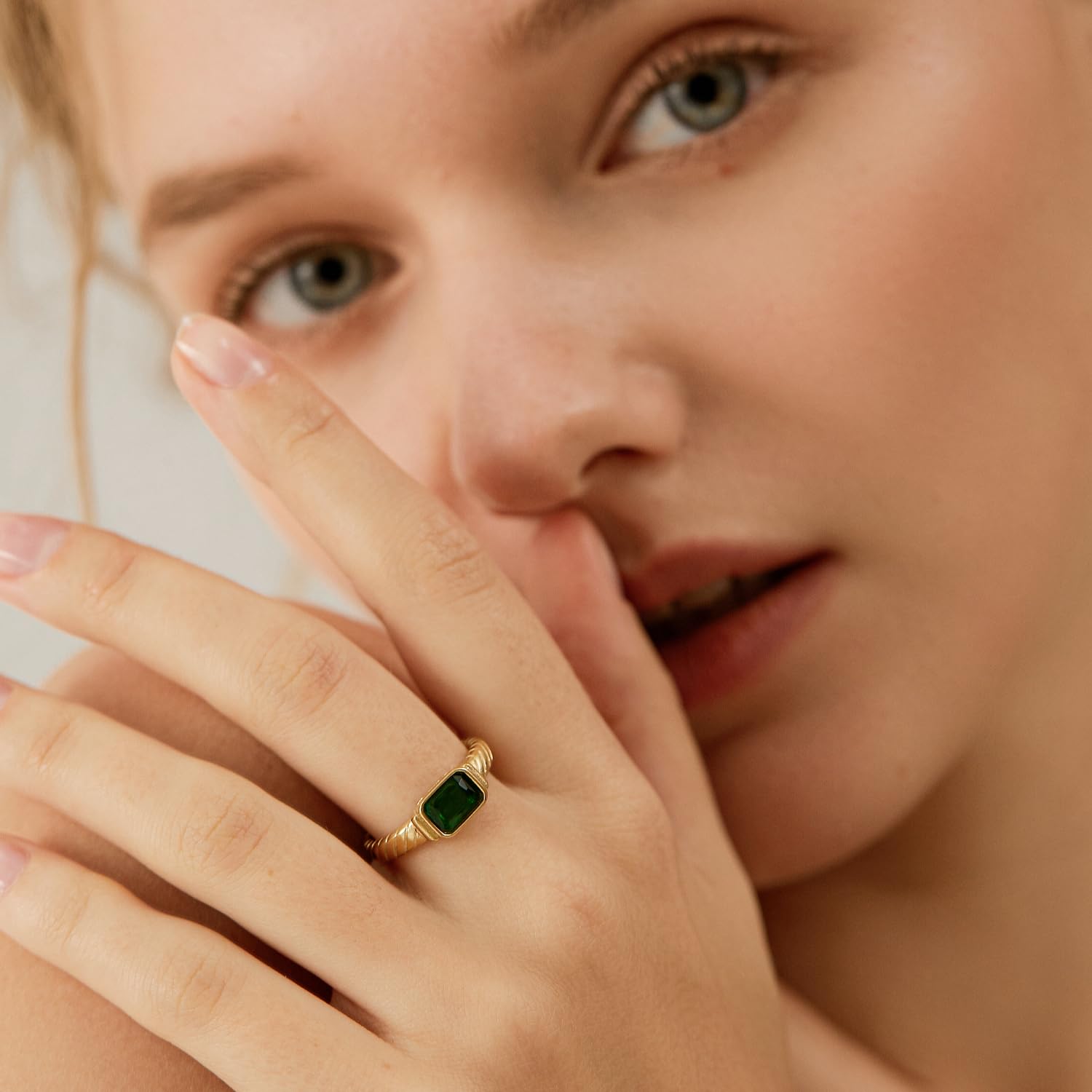 14K Gold Plated Emerald Rings for Women - Dainty Green Gemstone Rings with CZ, Non-Tarnish, Size 6/7/8/9 - Perfect for Weddings, Anniversaries & Everyday Elegance