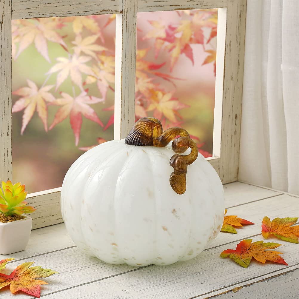 Glitzhome 7.5 Inch Hand Blown Golden White Glass Pumpkin Decor - Fall Table Centerpiece, Thanksgiving Home Decor, Halloween Party Decoration