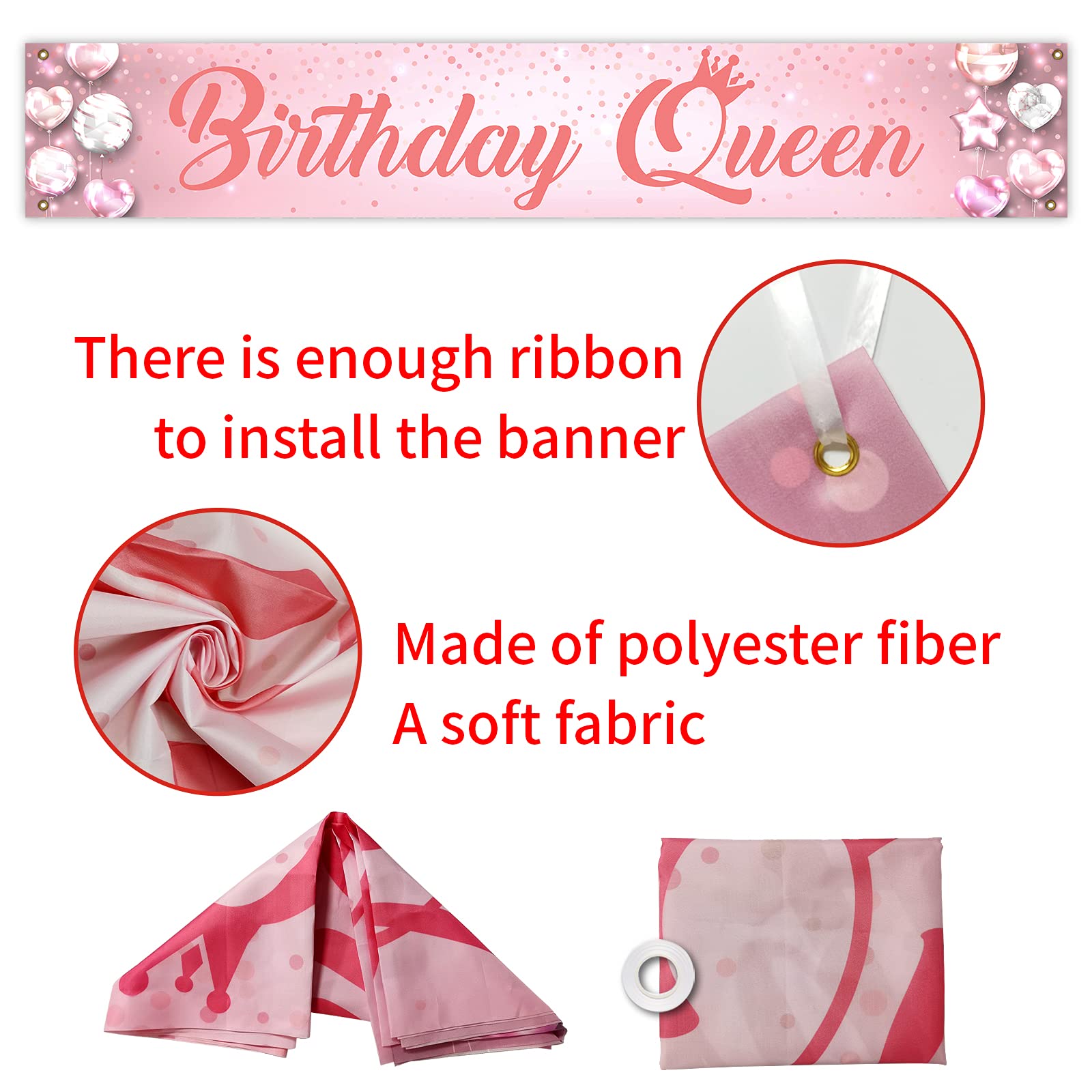 Pink Birthday Queen Large Banner Sign - Happy Birthday Party Decorations for Women, Outdoor Birthday Gifts, Perfect for Backyard Celebrations and Indoor Festivities