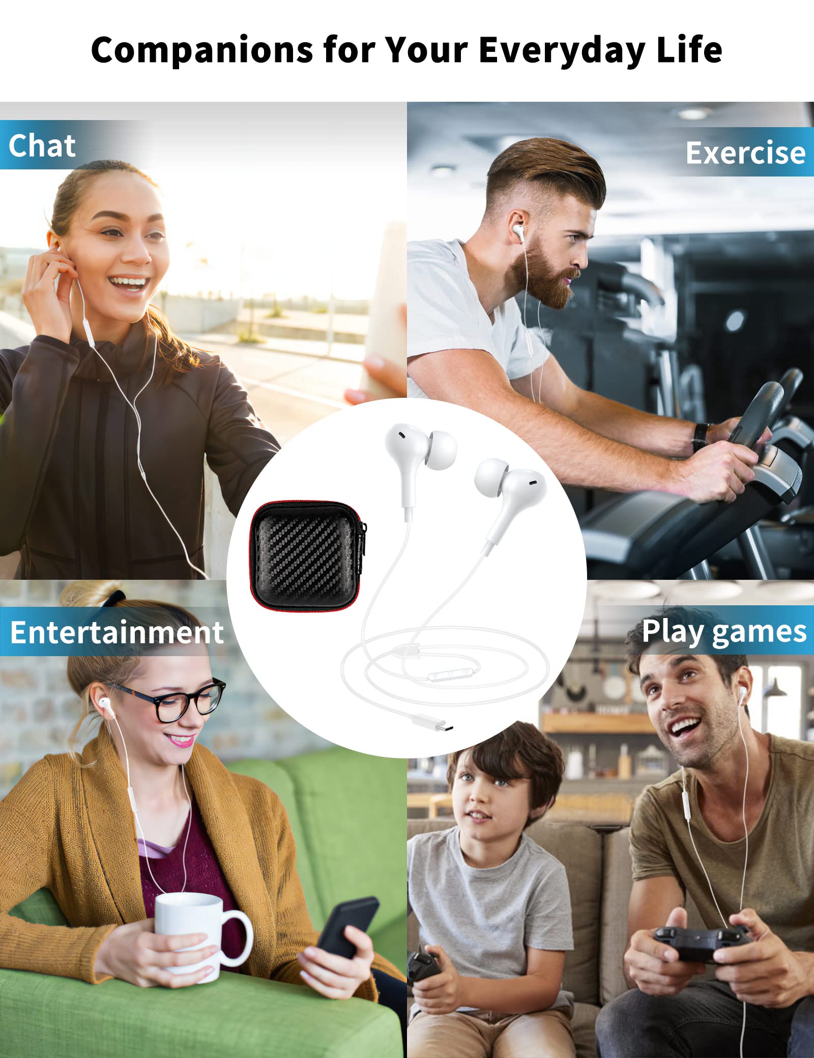 USB C Wired Earbuds with Microphone & Volume Control - Magnetic In-Ear Headphones for Samsung S23/S22/S21/S20/A53/A54, iPhone 15 Pro Max, Pixel 6/6a/7a/8/5 - Bass Stereo Sound & Noise Canceling for Workouts, Commuting & Gaming