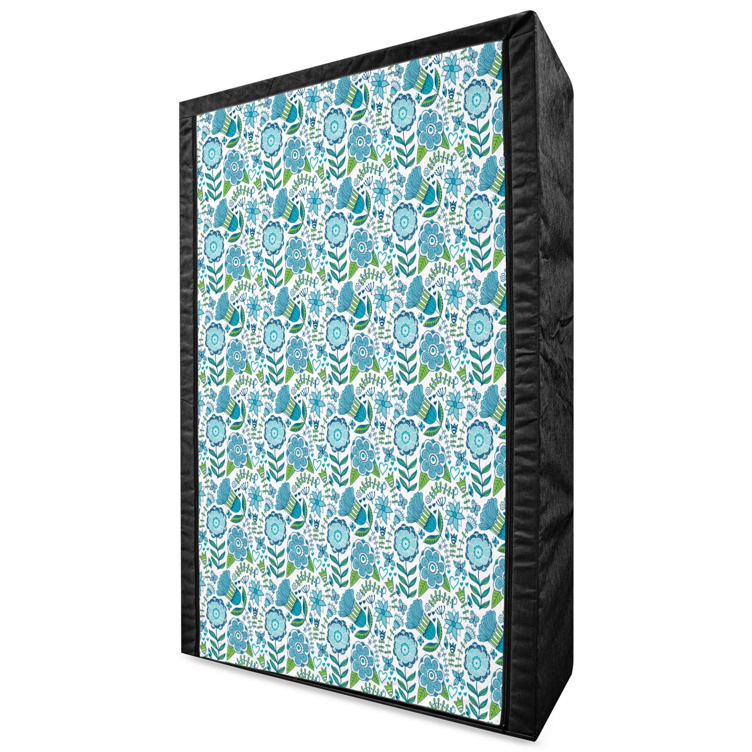 Ambesonne Portable Fabric Wardrobe Closet Organizer with Shelves, 42.5 Inch - Blue Green White Nature Print with Flower Butterfly Dragonfly Doodle Design | Perfect for Bedroom, Closet, Dorm, Apartment Storage & Clothes Organization
