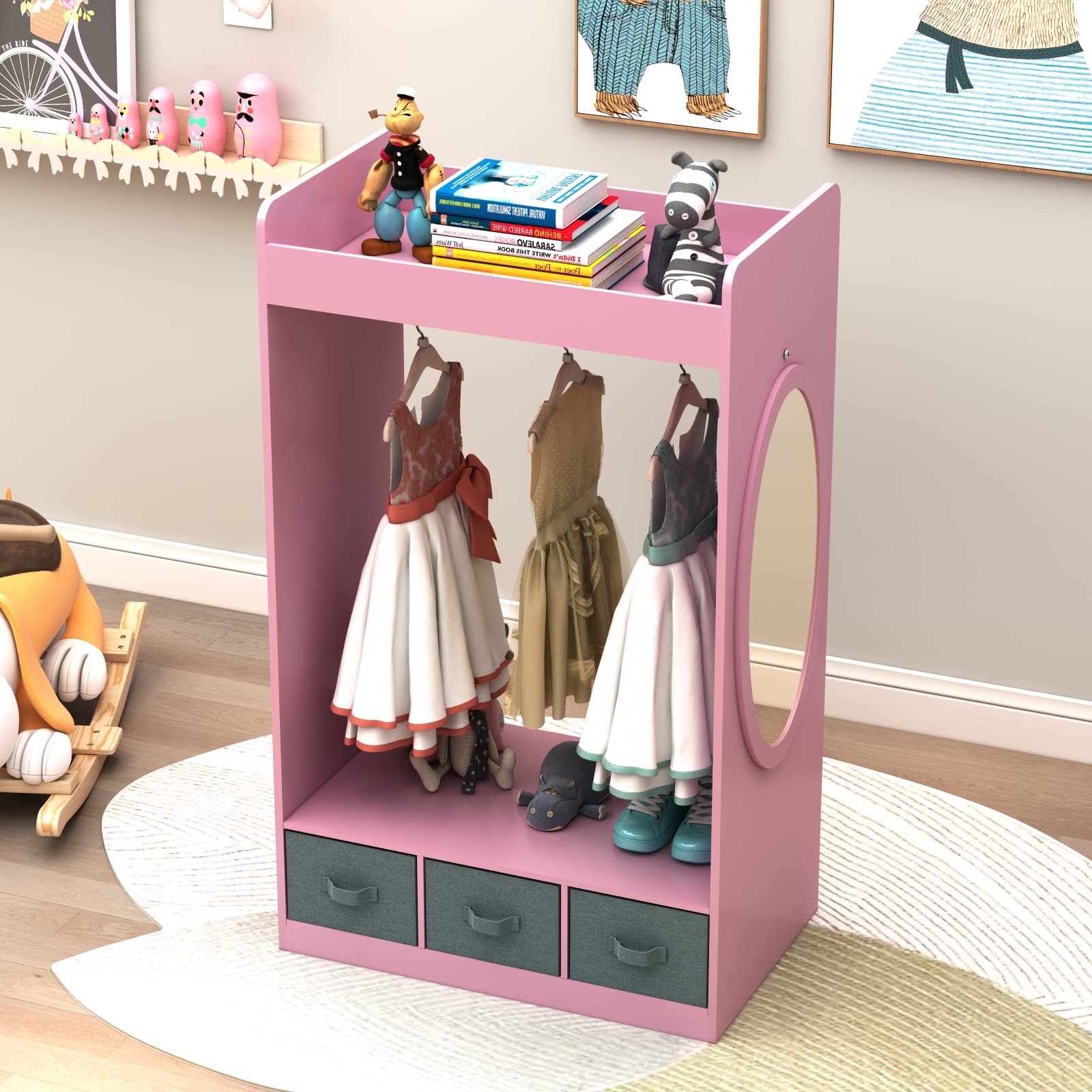 Pink Kids Costume Rack with Mirror & Storage Bin - Children's Dress Up Storage Organizer, Play Armoire Dresser for Pretend Play - Perfect for Bedroom, Playroom & Dress Up Corner