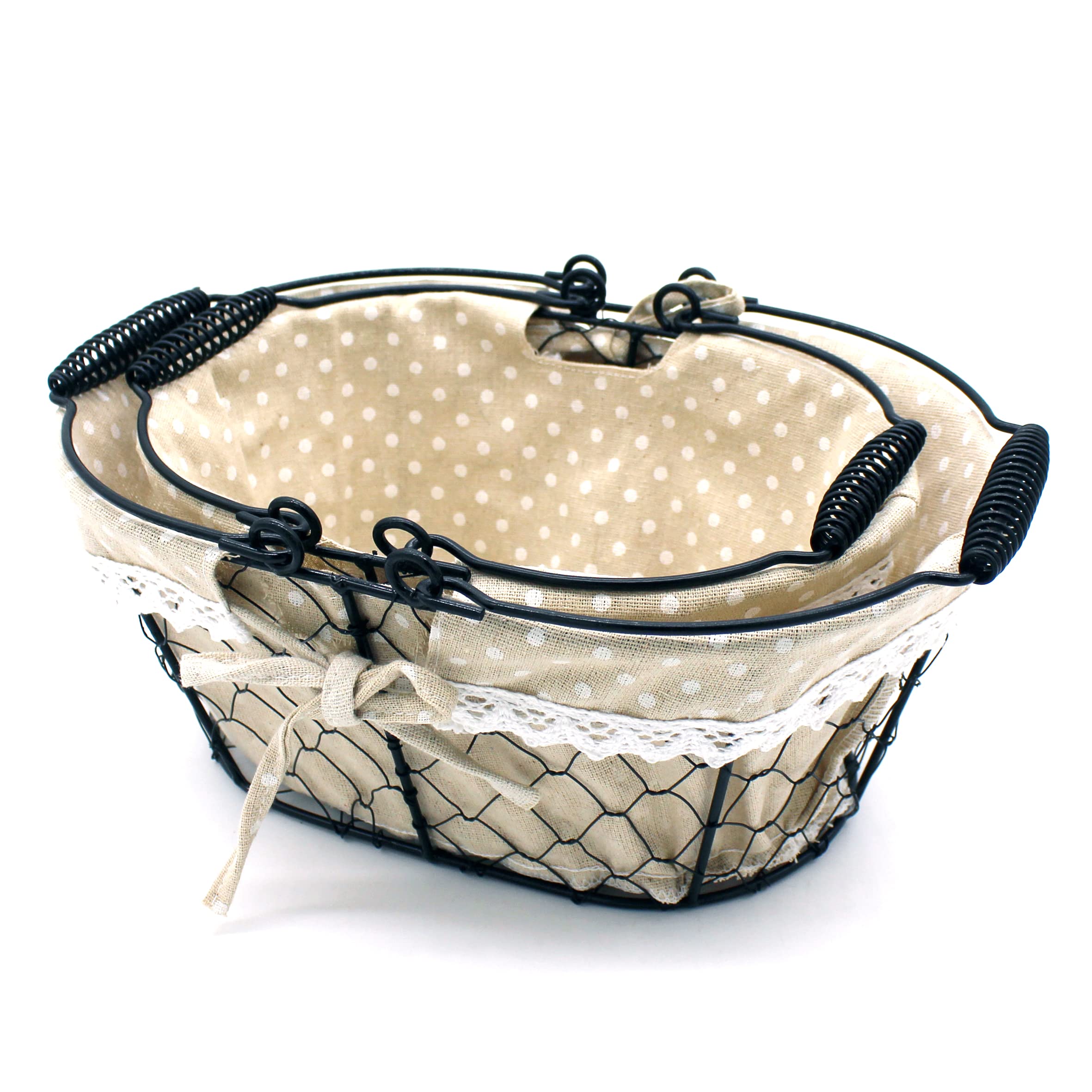 CVHOMEDECO Oval Chicken Wire Fruit Basket & Rustic Bread Basket with Sturdy Handle & Fabric Liner - Matt Black (Set of 2) - Perfect for Farmhouse Kitchen Decor, Picnics & Rustic Dining