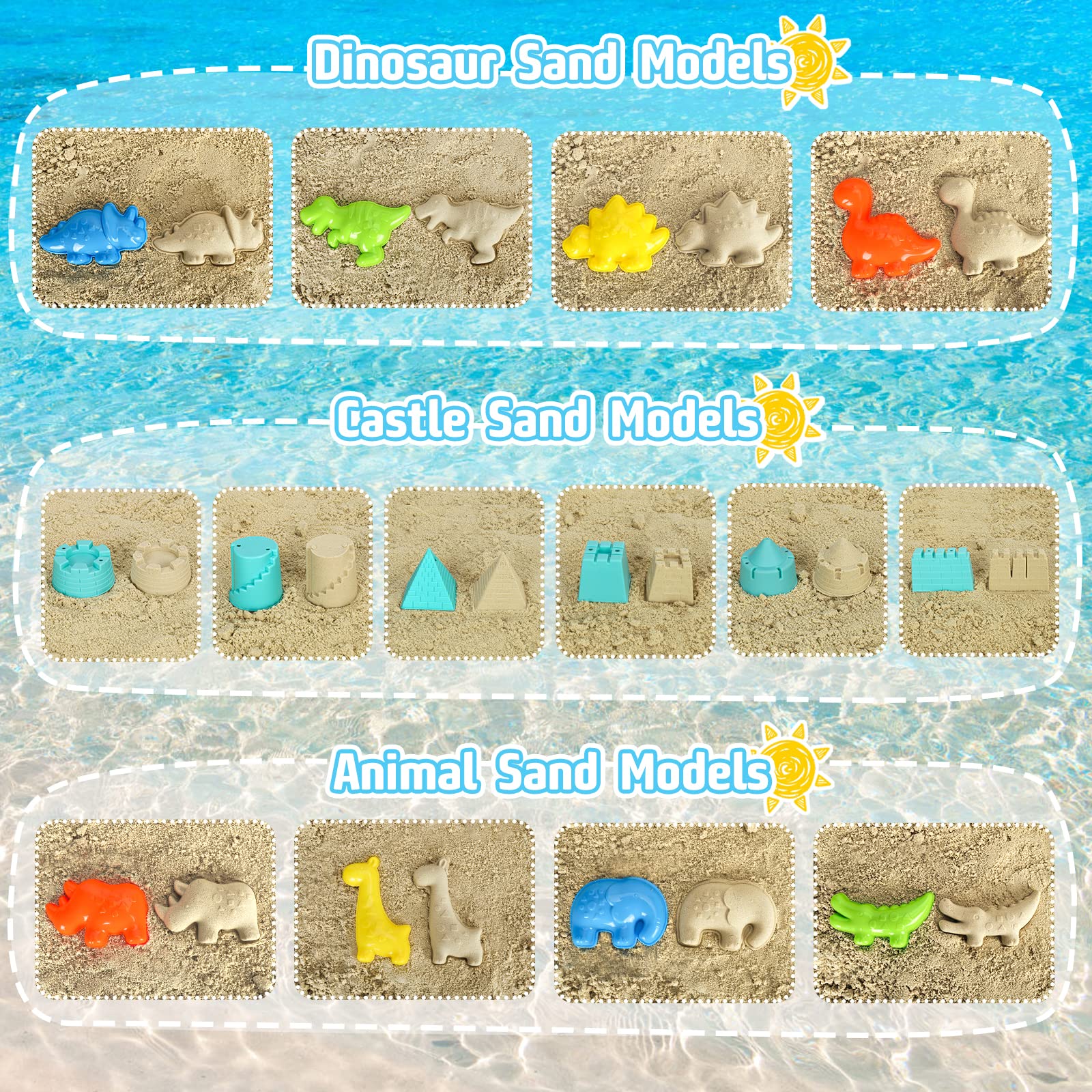 Dinosaur Beach Toys Set with Dump Truck, Collapsible Bucket, Shovel & Rake - 12-Piece Sand Play Kit with Animal Molds & Mesh Bag - Perfect for Sandcastles, Beach Fun & Toddler Sandbox Play