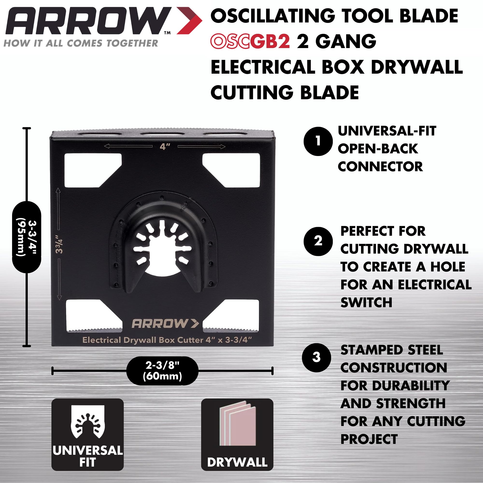 Arrow OSCGB2-1 2 Gang Electrical Box Drywall Cutting Blade for Oscillating Tools - Universal Fit for Most Multitools, Includes Adapter, Cuts 4” x 3-3/4” Holes - Perfect for Electrical Installations & Drywall Repairs